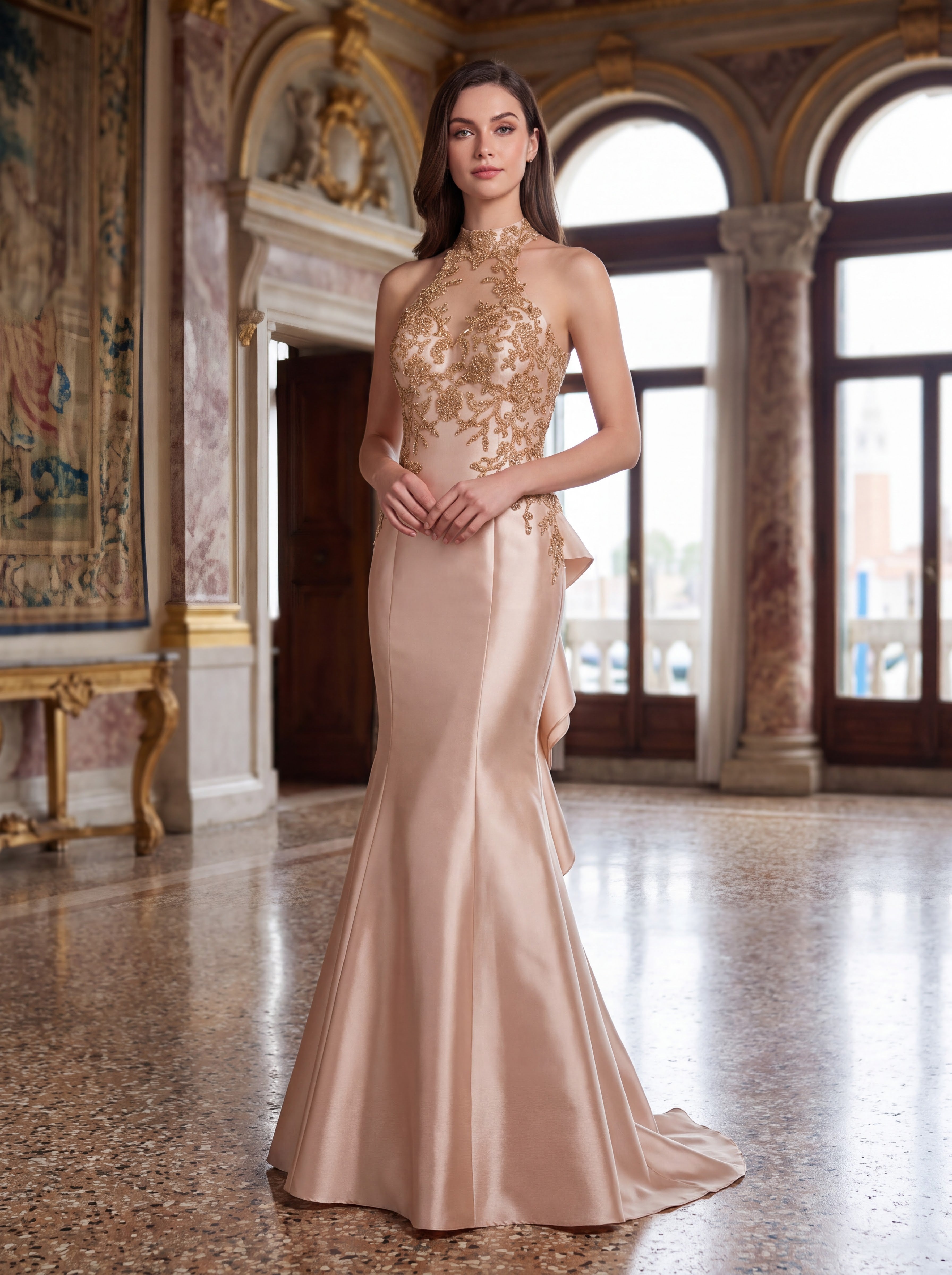 Champagne Satin Mermaid Evening Gown