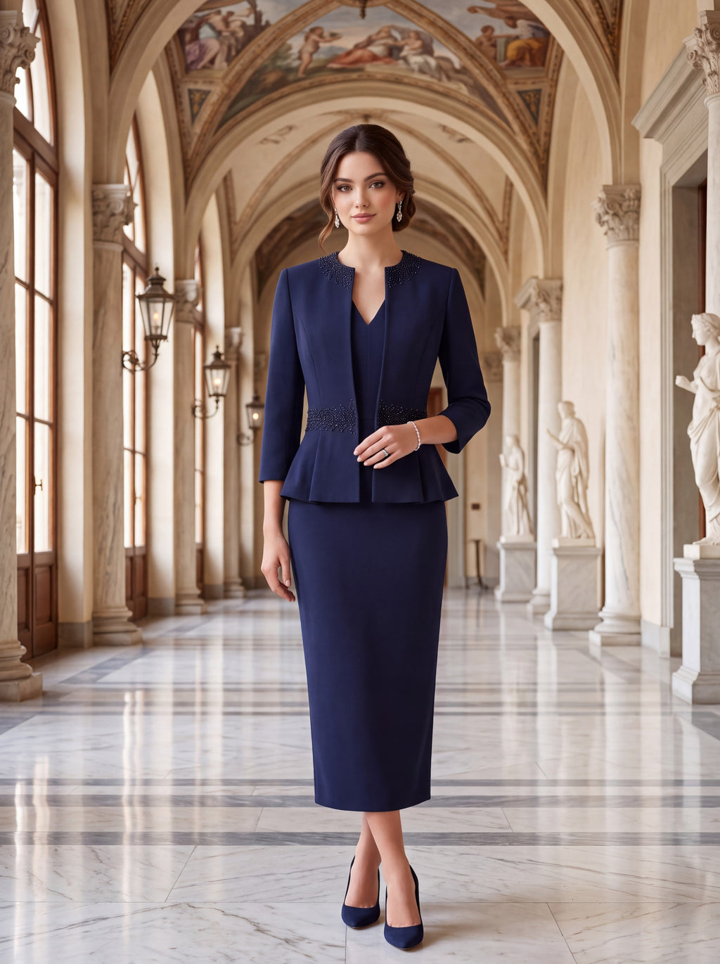 Navy Embellished Jacket & Midi Dress