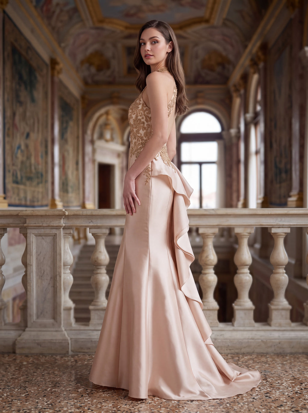 Champagne Satin Mermaid Evening Gown