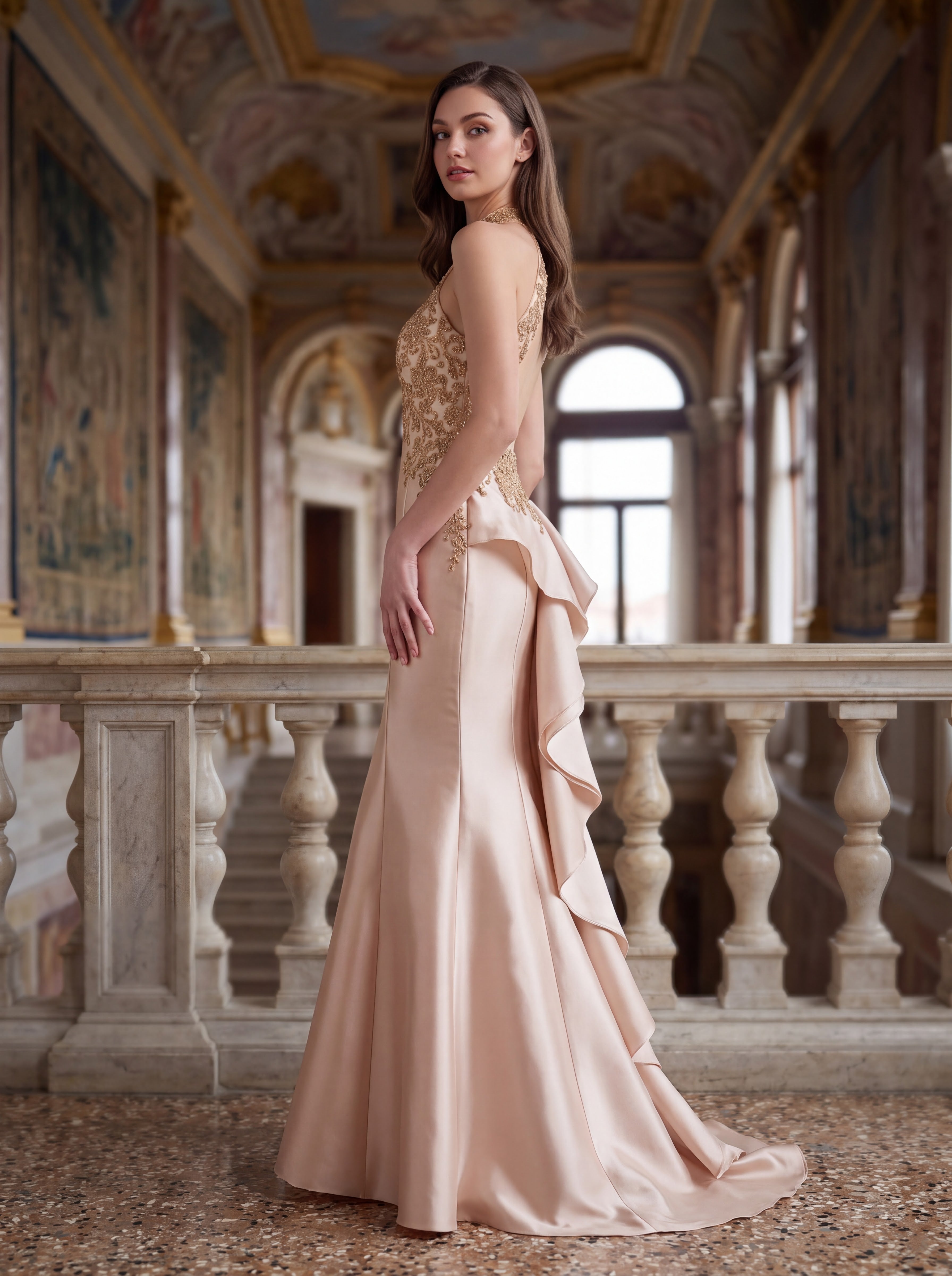 Champagne Satin Mermaid Evening Gown
