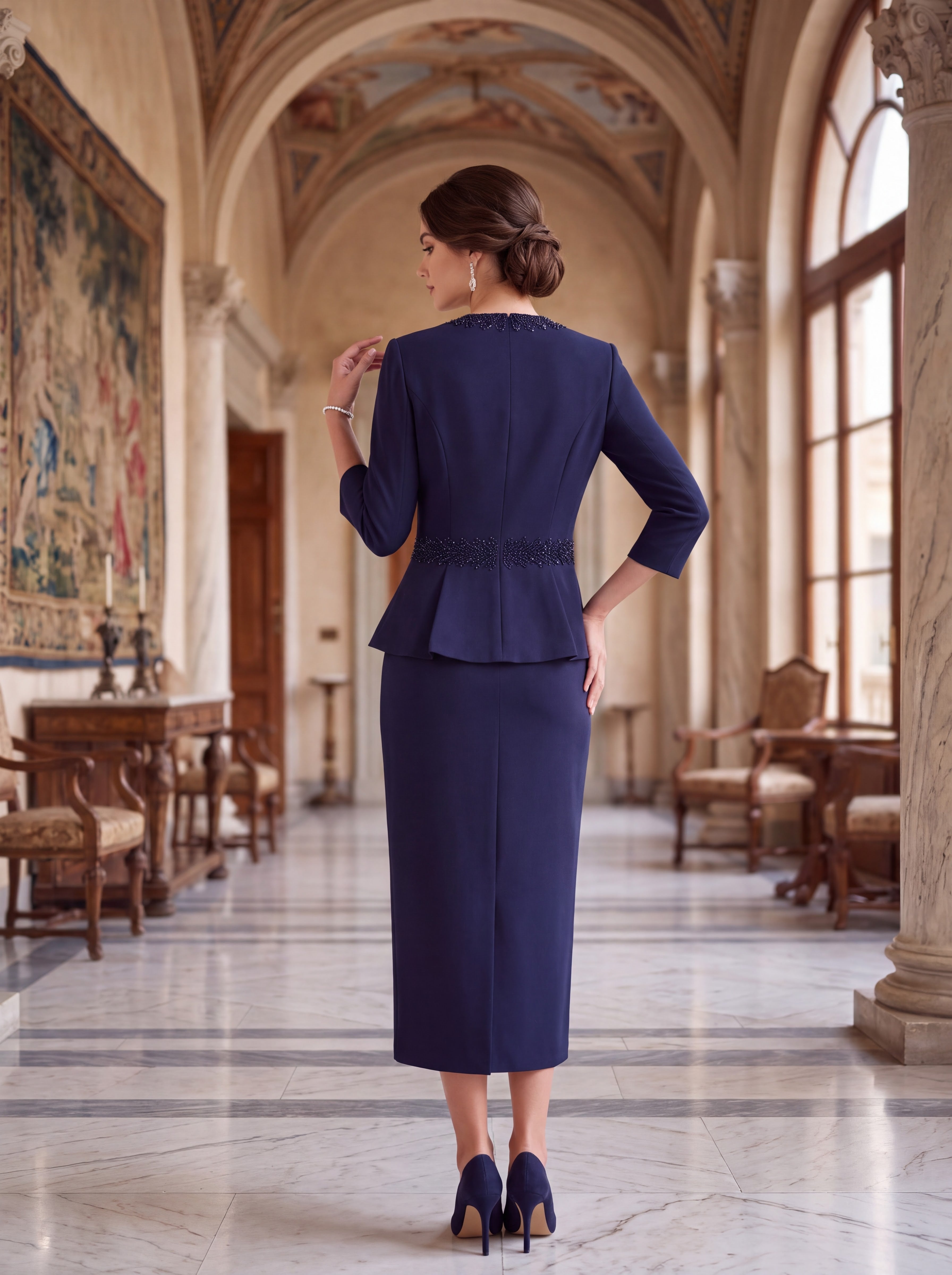 Navy Embellished Jacket & Midi Dress