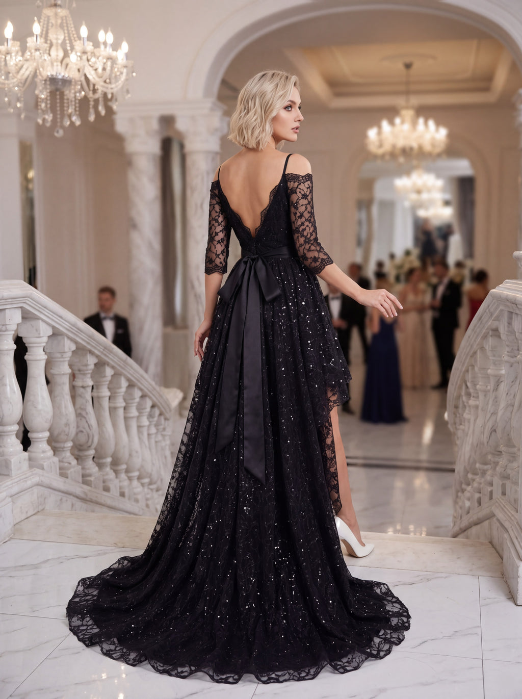 Black Lace High-Low Evening Dress
