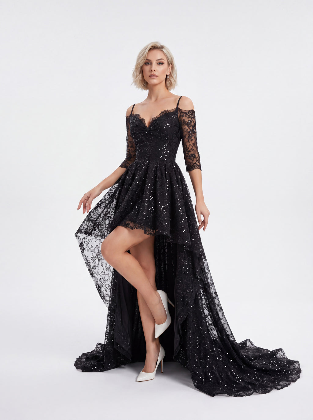 Black Lace High-Low Evening Dress