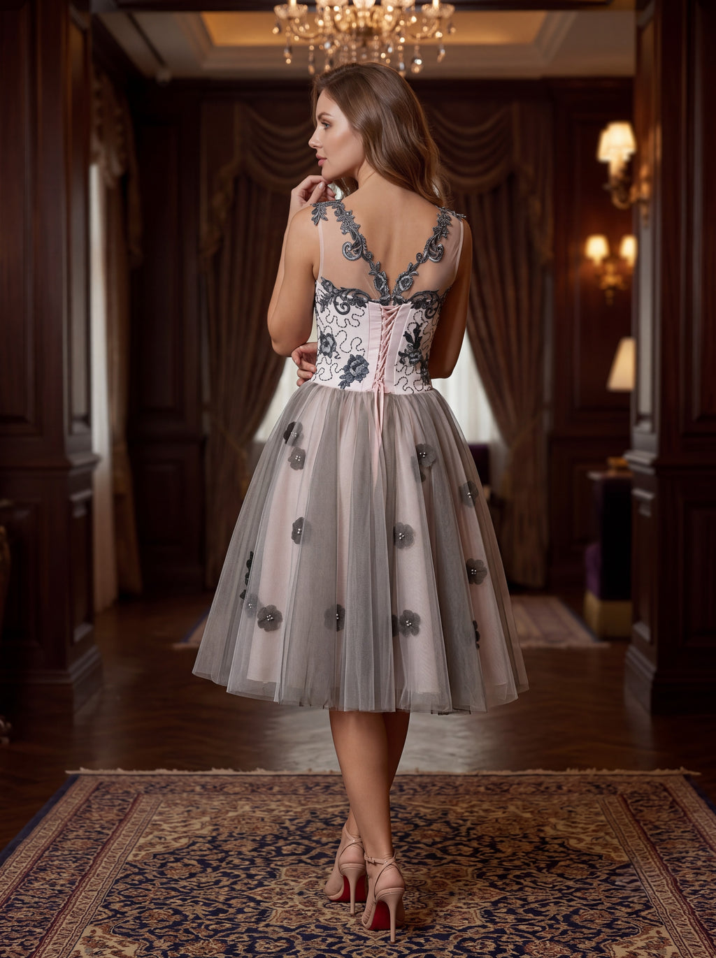 Grey Floral Lace Fit & Flare Midi Dress
