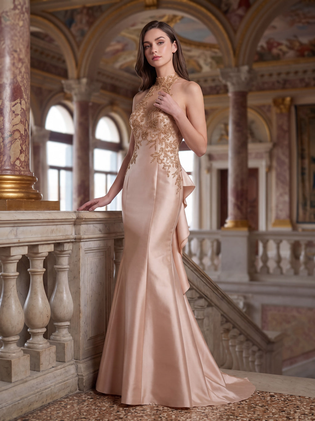 Champagne Satin Mermaid Evening Gown