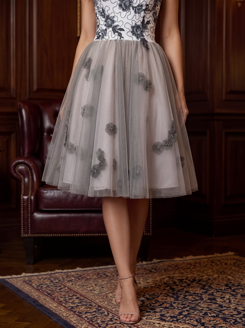 Grey Floral Lace Fit & Flare Midi Dress
