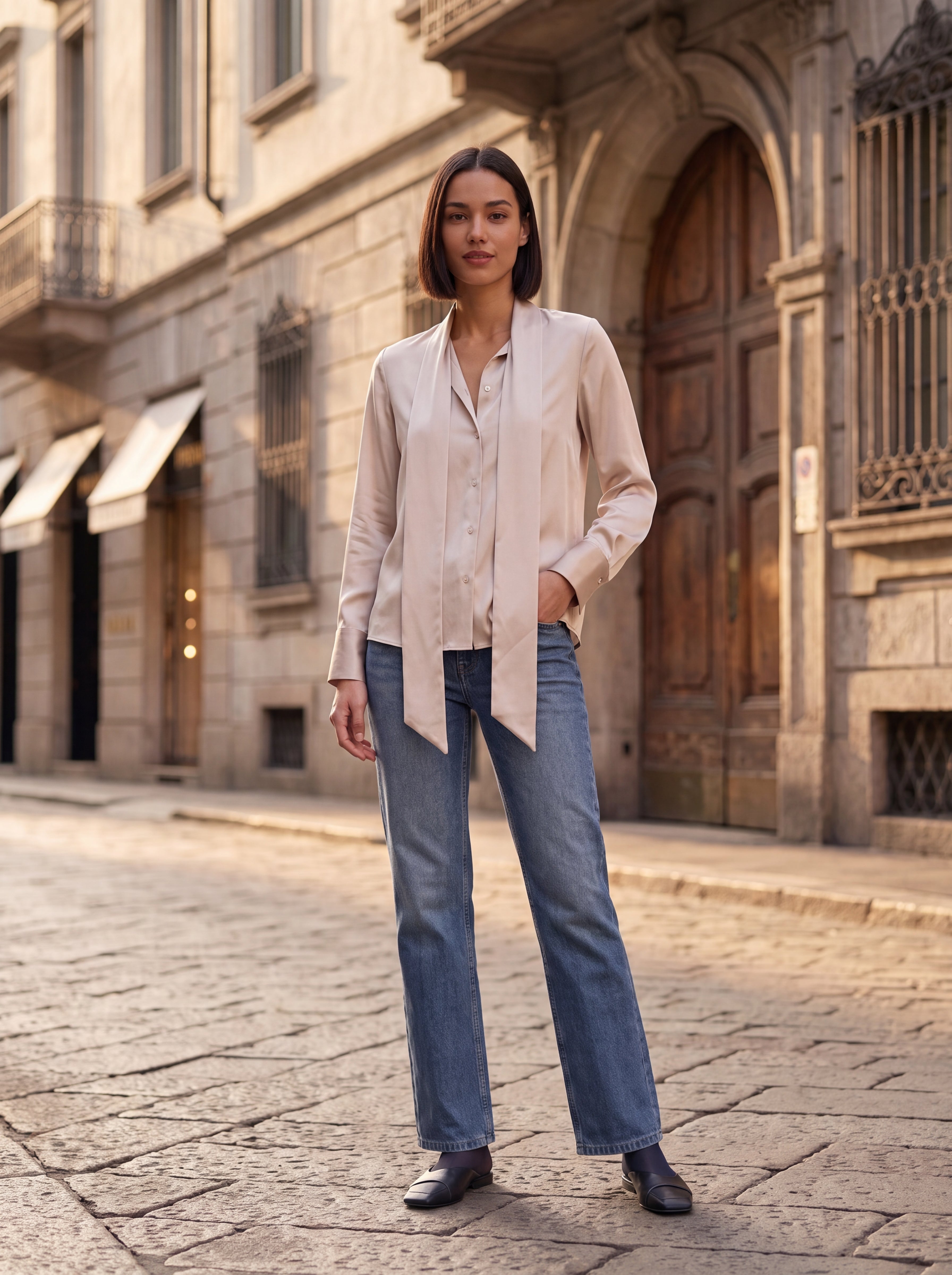 Women's Champagne Satin Tie-Neck Blouse | Premium European Elegant Shirt