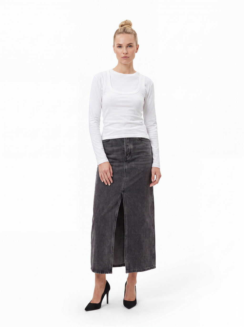 Women's Washed Charcoal Denim Midi Skirt