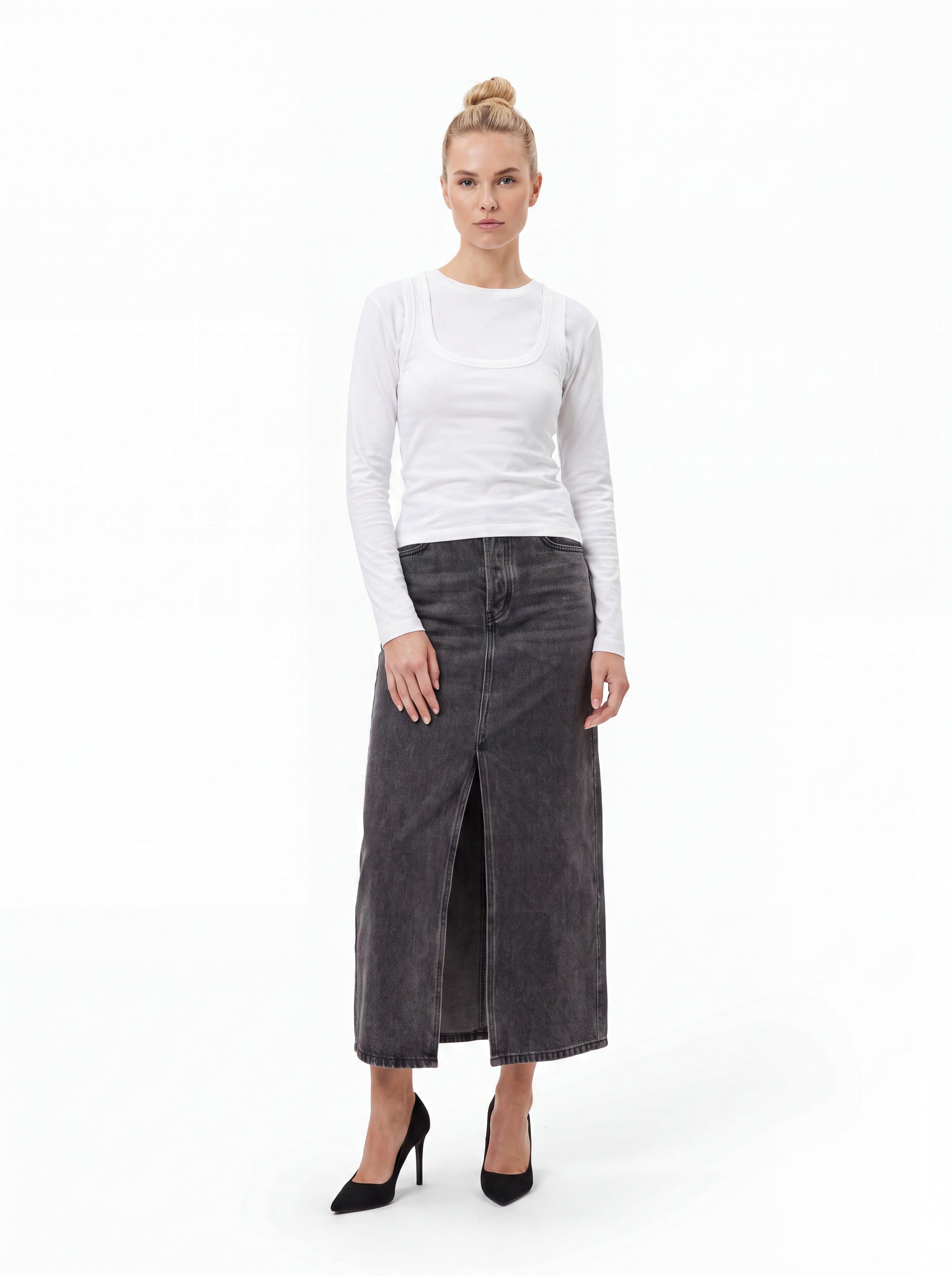 Women's Washed Charcoal Denim Midi Skirt