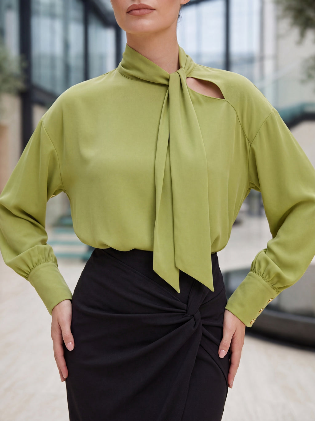 Woman's Sage Green Tie-Neck Blouse | Premium European Women's Elegant Top