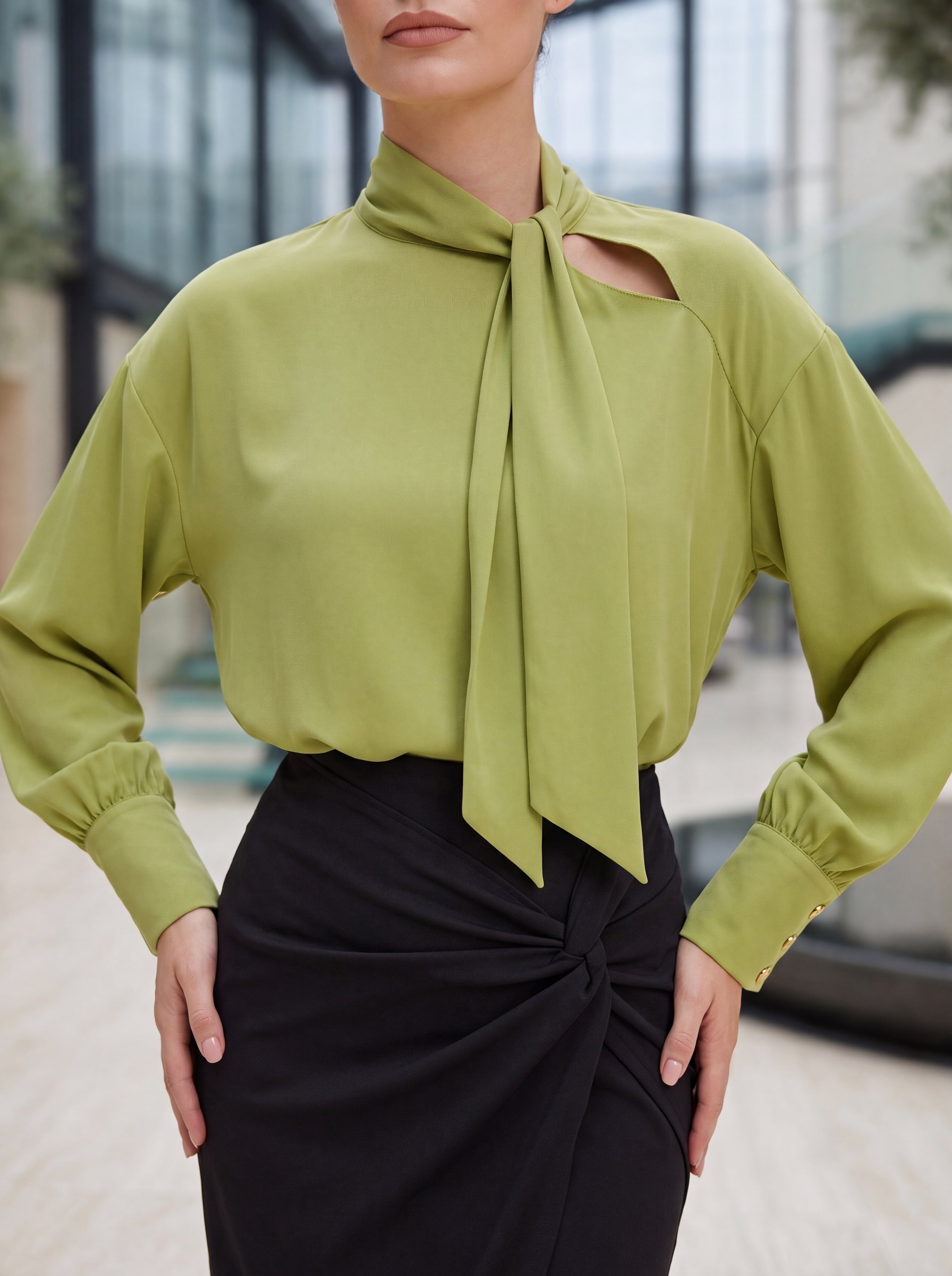 Woman's Sage Green Tie-Neck Blouse | Premium European Women's Elegant Top