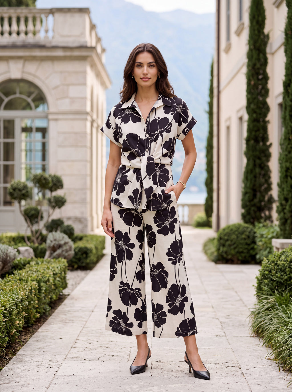 Women's Monochrome Floral Shirt & Wide-Leg Culotte Pair Collection | Premium European Women's Pair