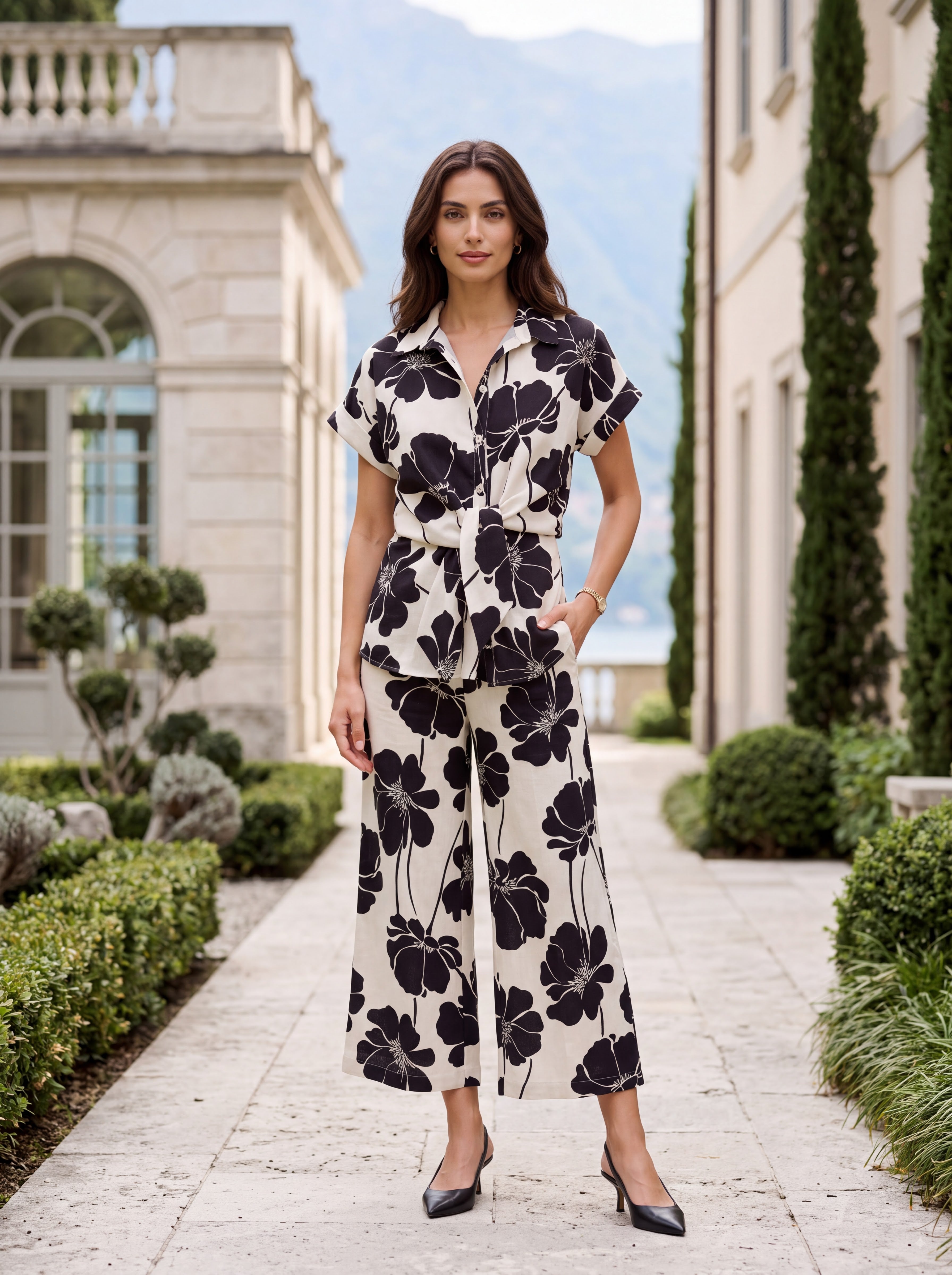Women's Monochrome Floral Shirt & Wide-Leg Culotte Pair Collection | Premium European Women's Pair