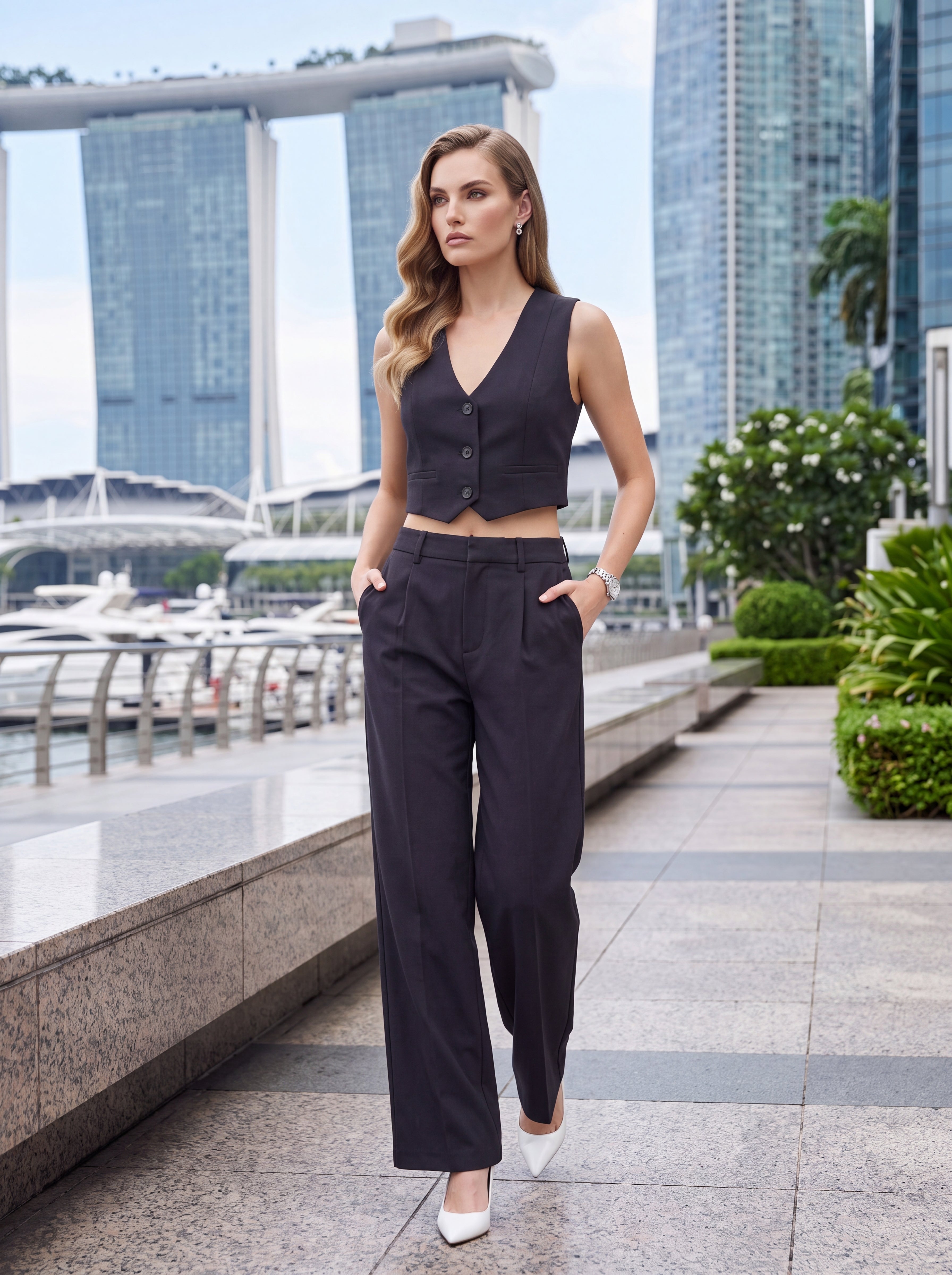 Women's Charcoal High-Waisted Straight-Leg Tailored Trousers – Premium European Formal Office Pants