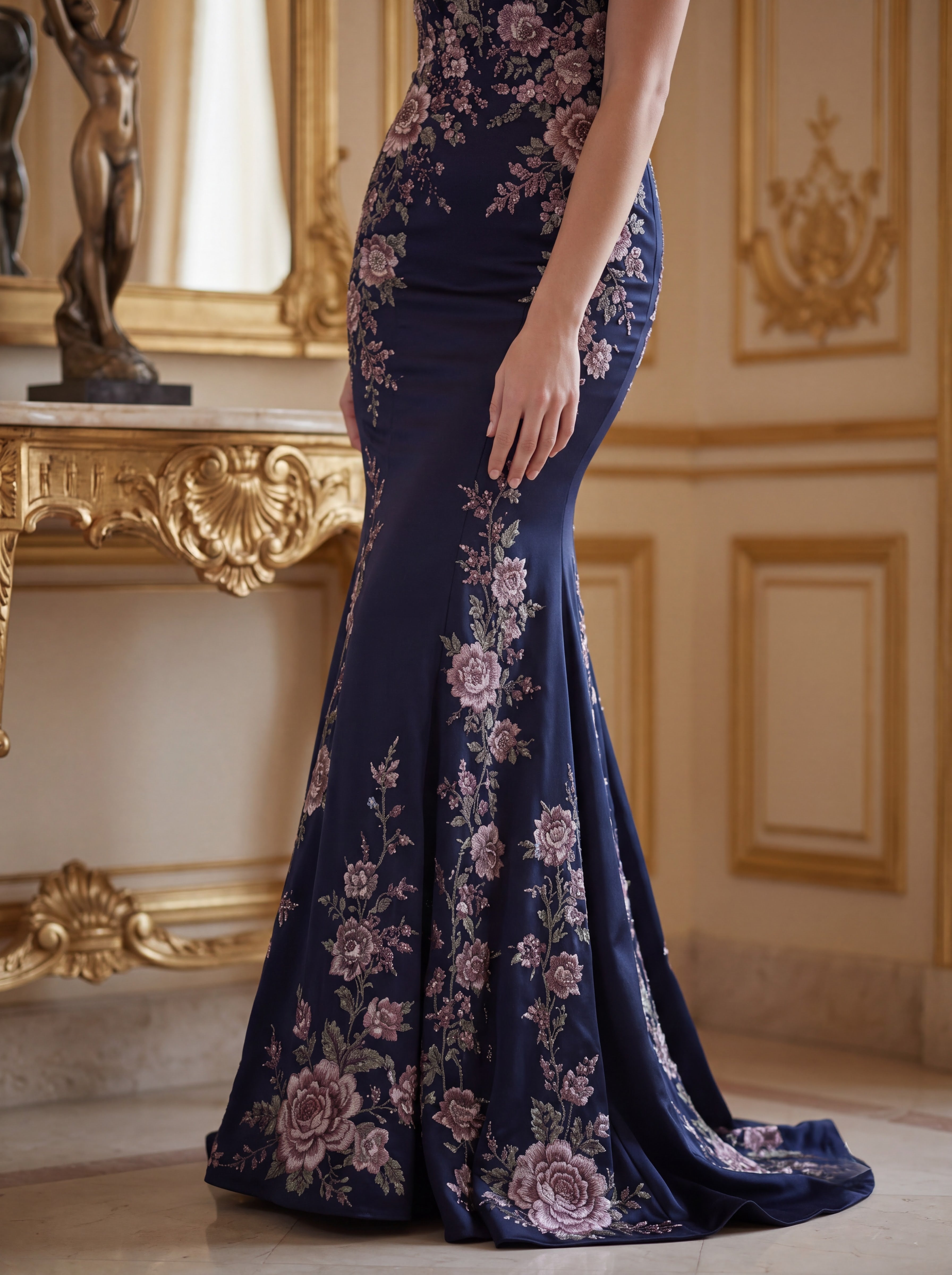 Navy Blue Floral Embroidered Mermaid Evening Gown