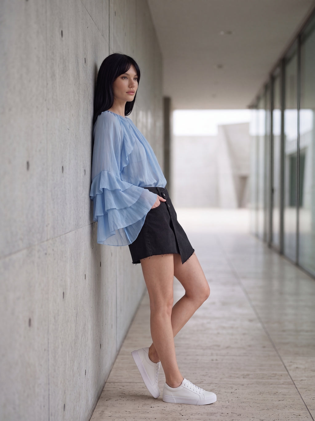 Women's Sky Blue Ruffle Sleeve Blouse | Premium European Women's Elegant Top