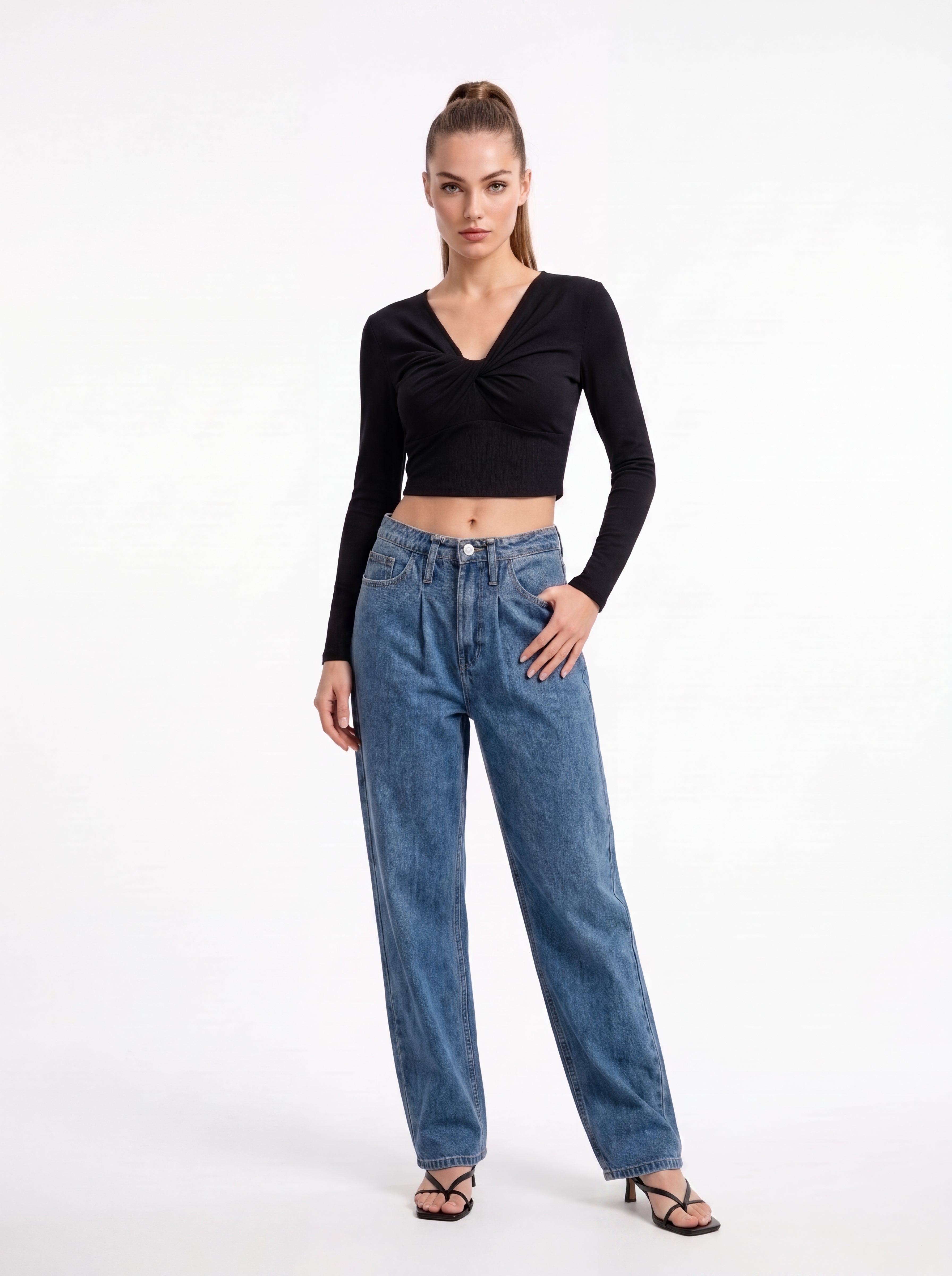 Women's Black Twist Front Long Sleeve Crop Top – Elegant European Fitted Top