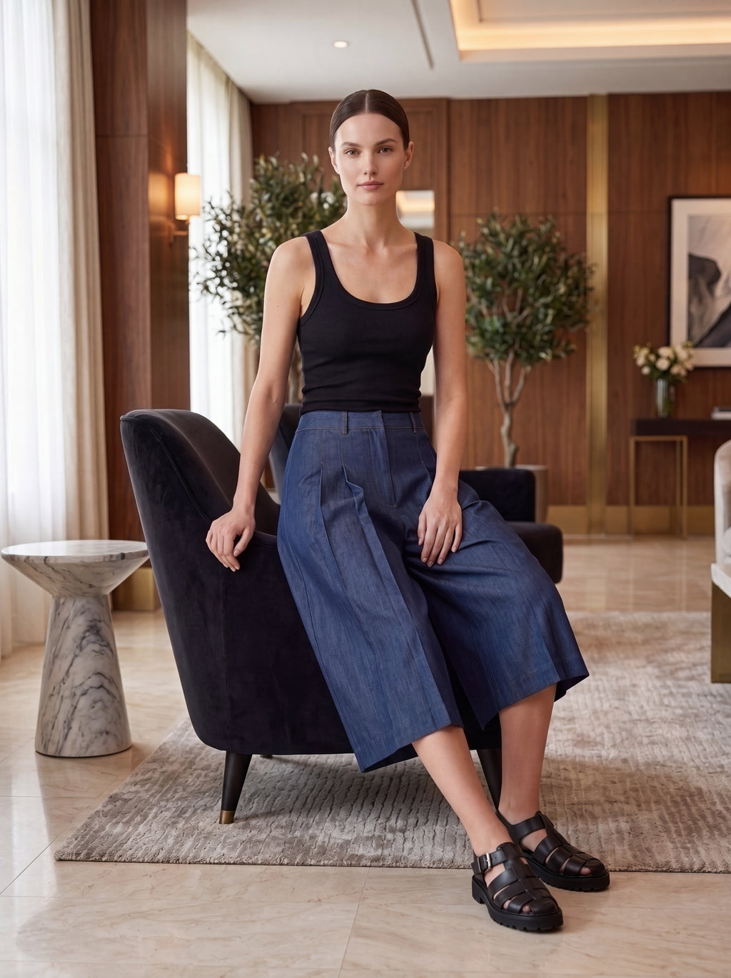 Women's Navy Pleated Wide Leg Culotte Pants – Premium European Tailored Fashion