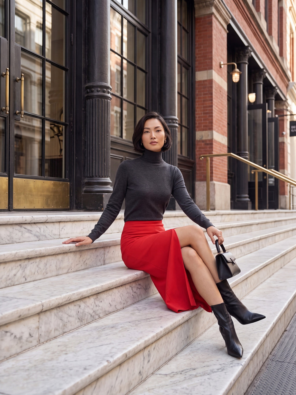 Women's Red Front Slit Midi Pencil Skirt
