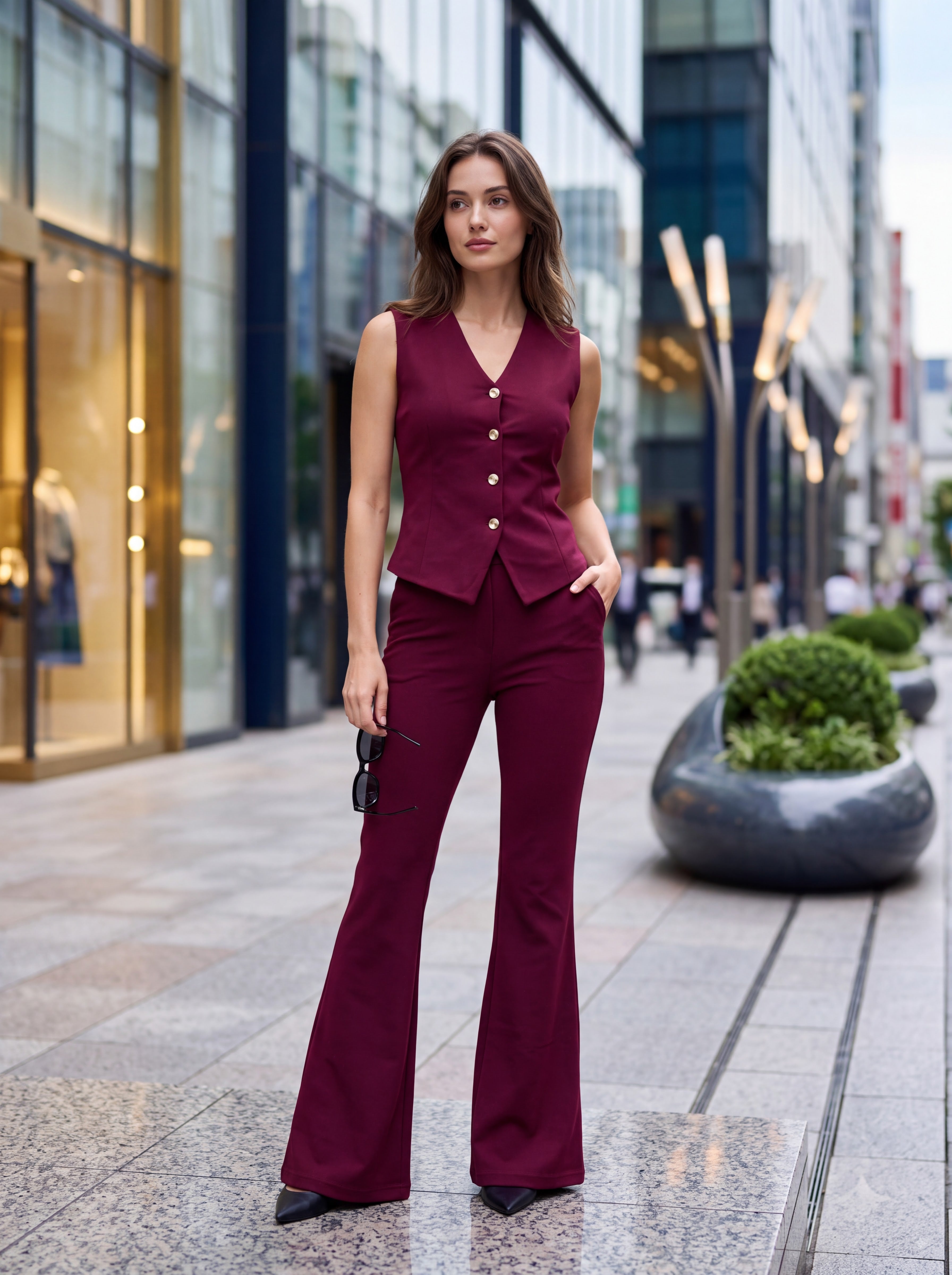 Women's Burgundy Tailored Vest & Flared Trousers Pair Collection | Premium European Women's Pair