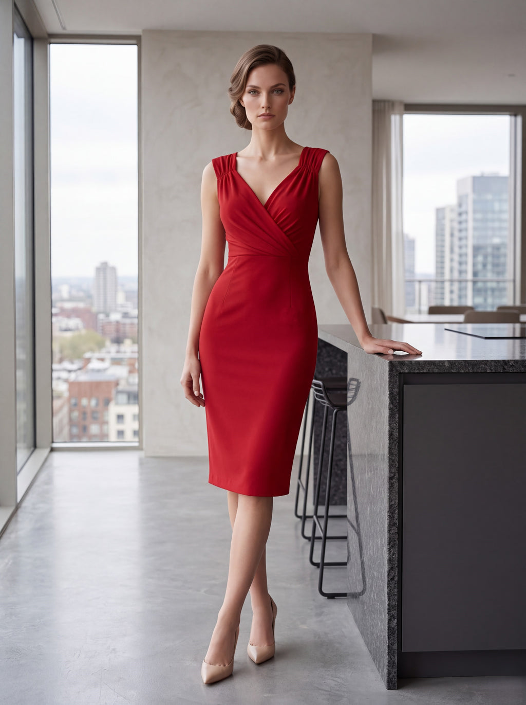 Red Wrap Neck Sheath Midi Dress