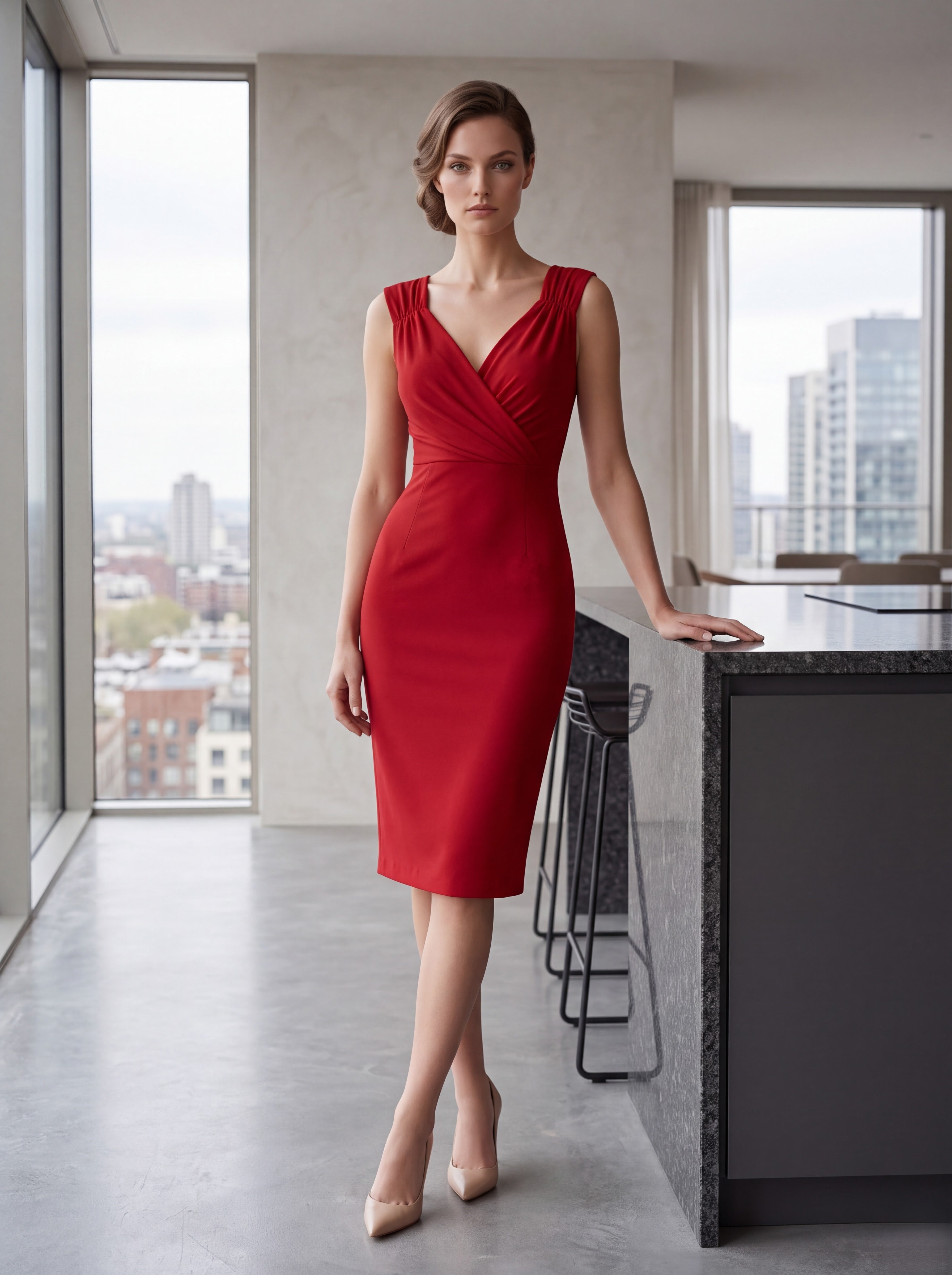 Red Wrap Neck Sheath Midi Dress