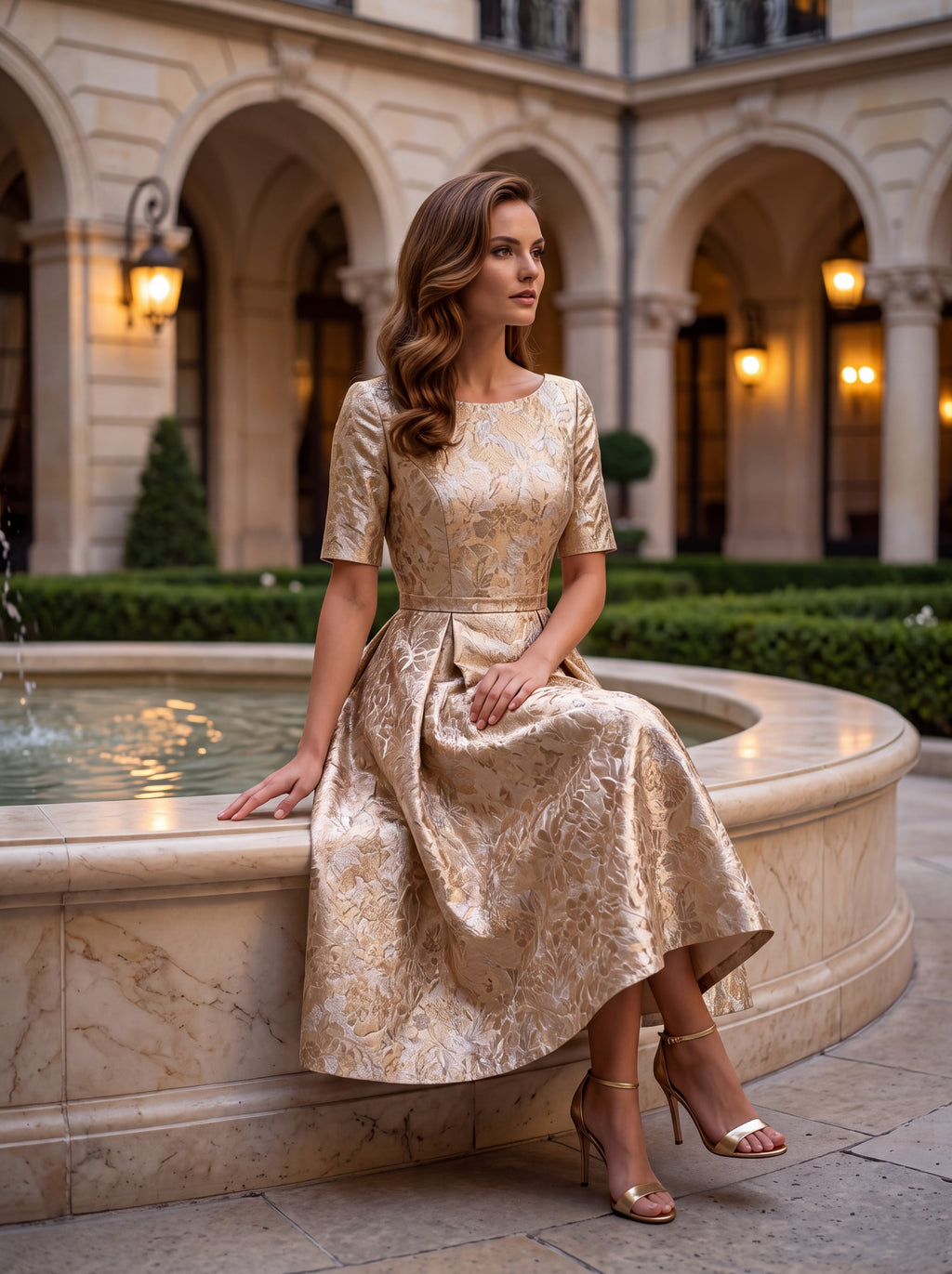 Champagne Floral Jacquard Midi Dress
