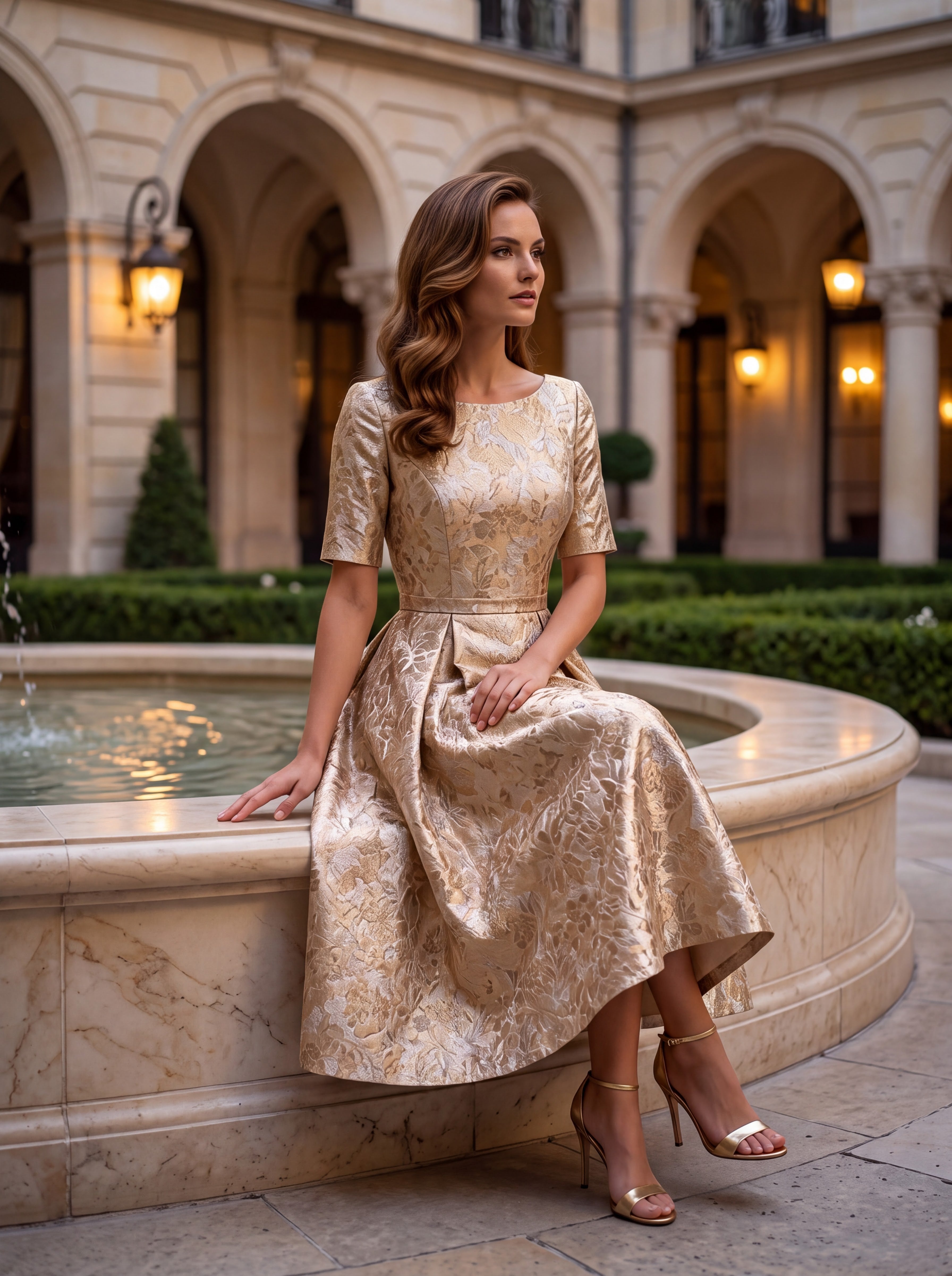 Champagne Floral Jacquard Midi Dress