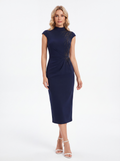 Navy Embellished High Neck Midi Dress