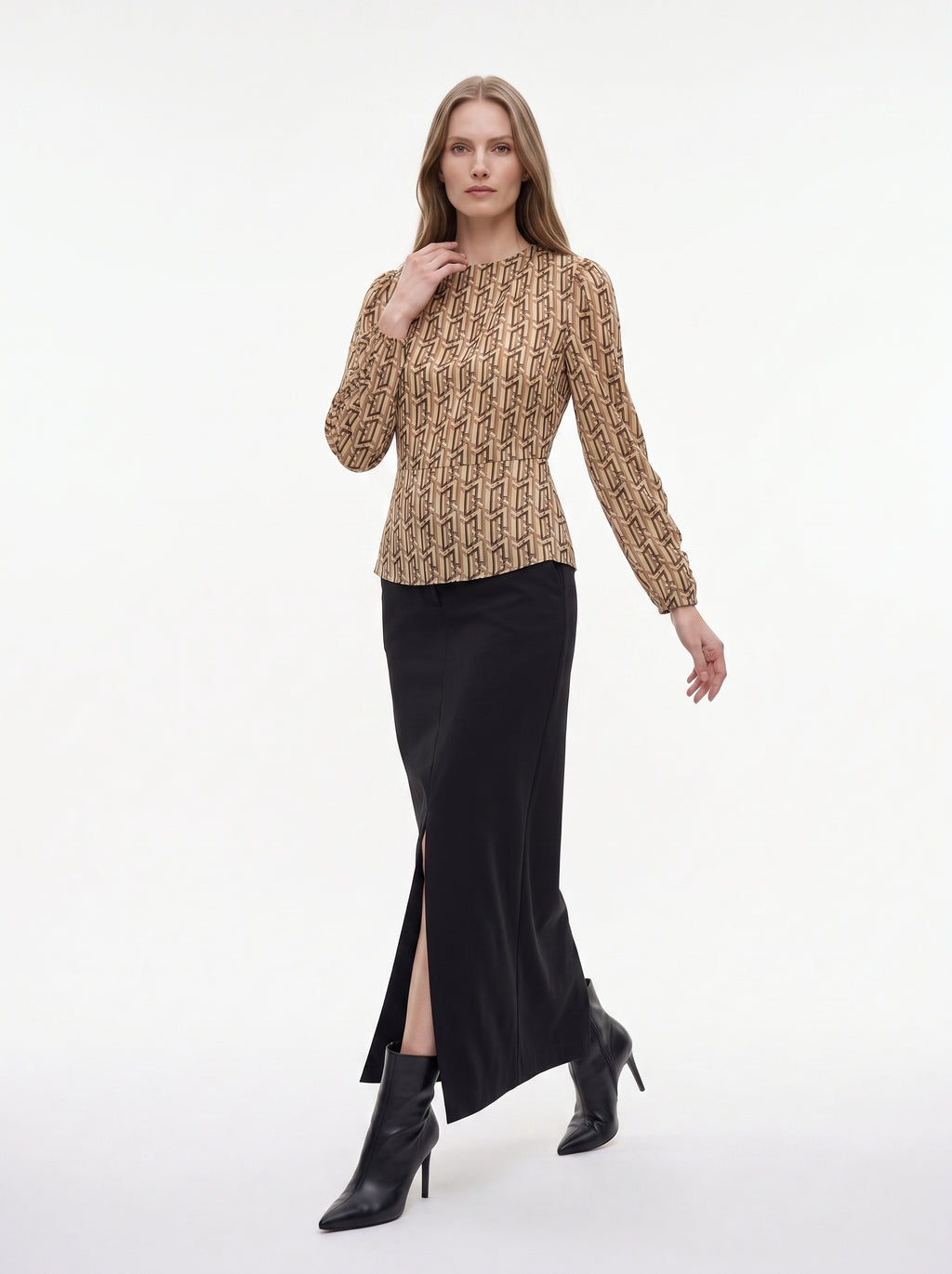 Women's Geometric Print High Neck Blouse | Elegant Long Sleeve Statement Top