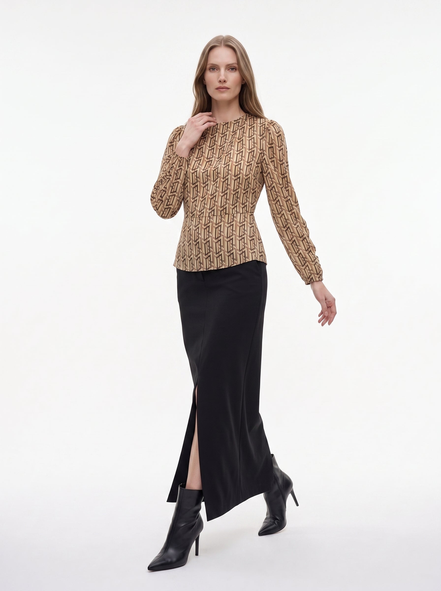 Women's Geometric Print High Neck Blouse | Elegant Long Sleeve Statement Top