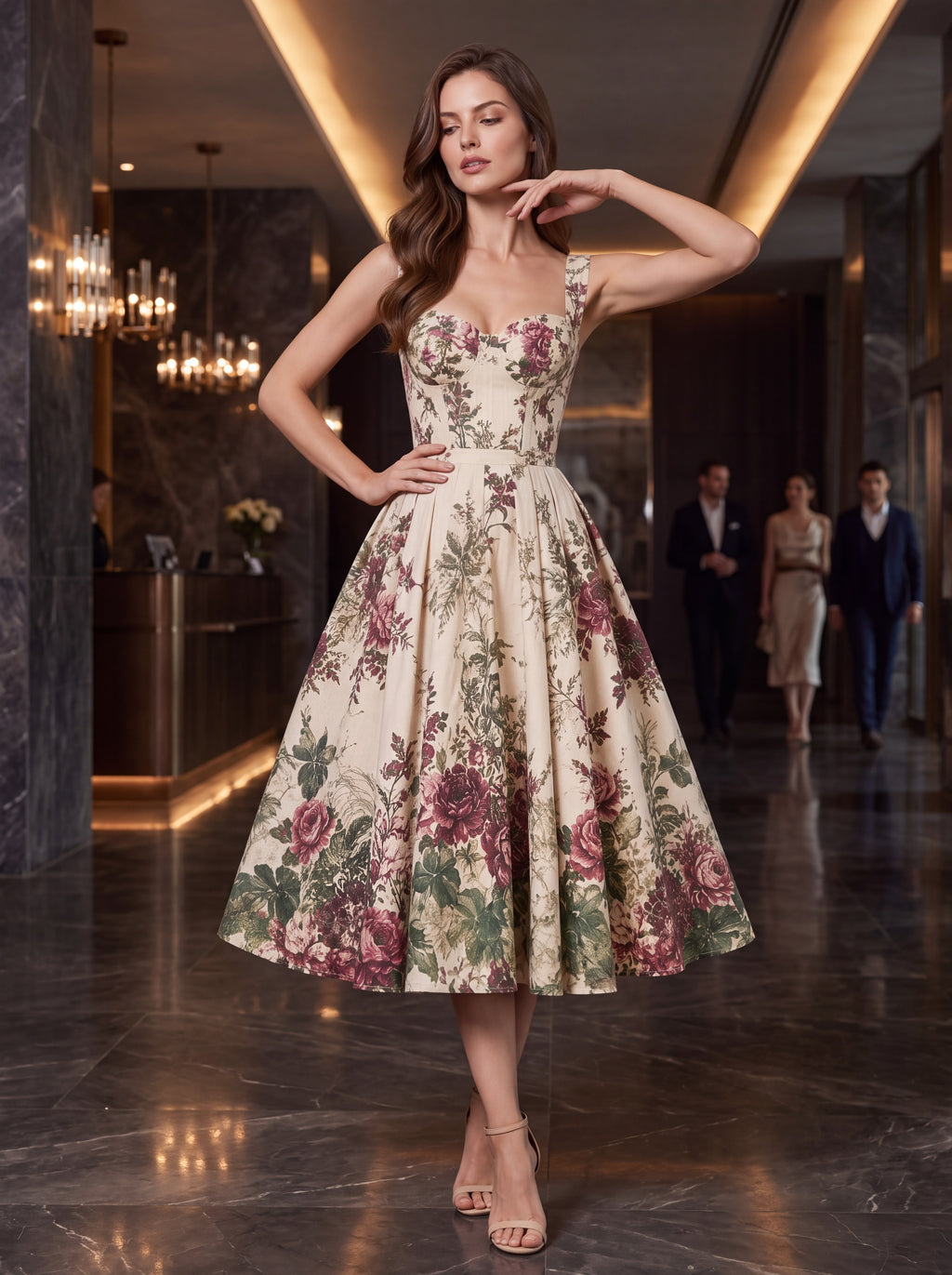 Vintage Floral Sweetheart Midi Dress