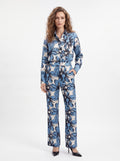 Women's Blue Floral High-Waisted Straight-Leg Trousers – Premium European Printed Wide-Leg Pants