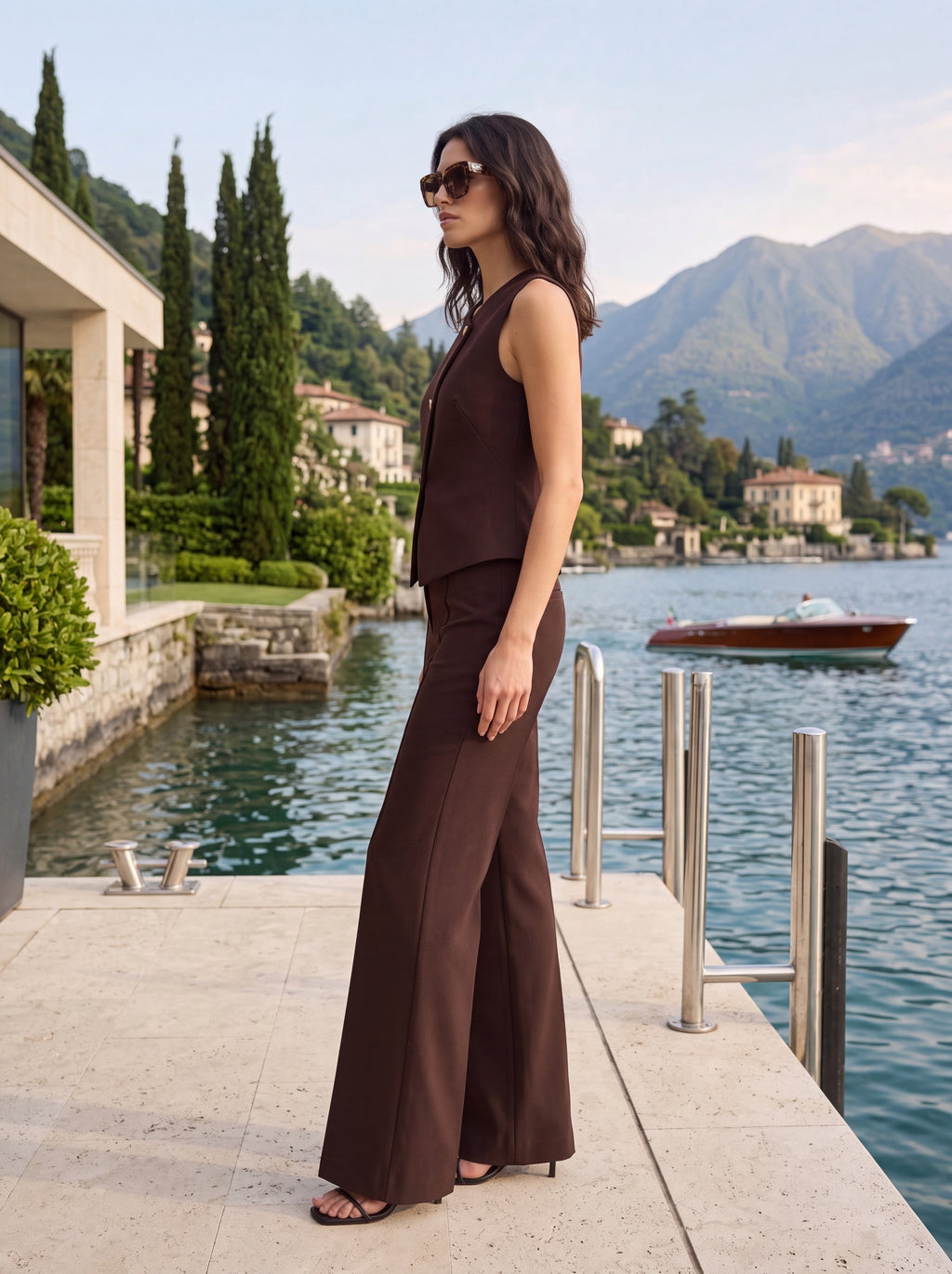 Women's Chocolate Brown Sleeveless Tailored Vest | Elegant Button Front Top