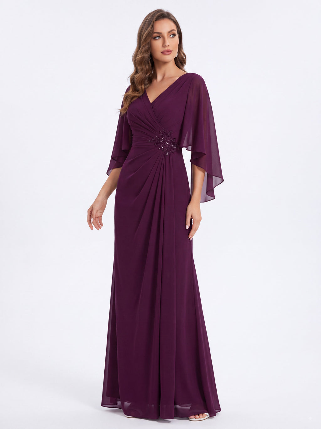 Plum Chiffon Cape Sleeve Evening Gown