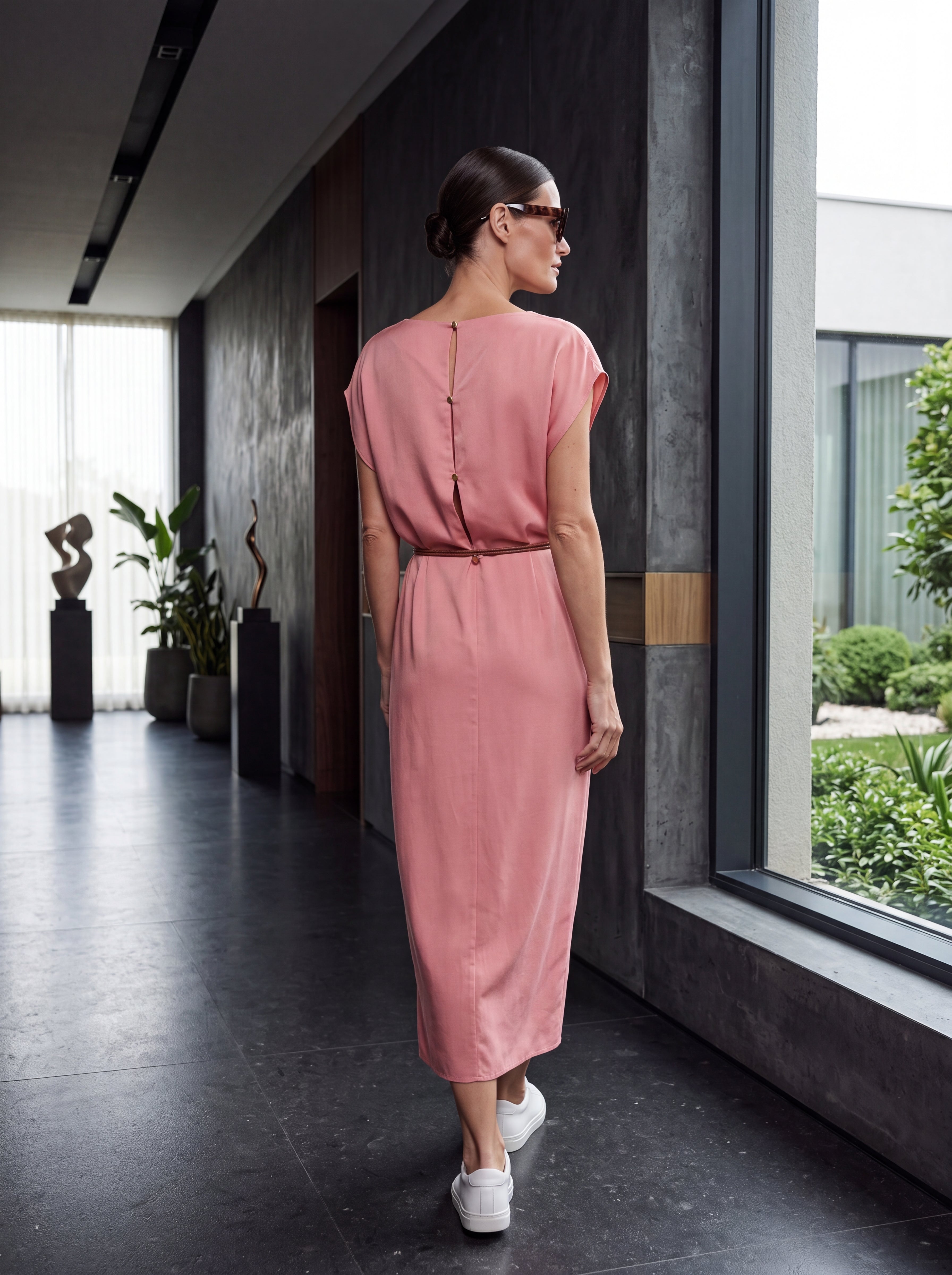 Women's Minimalist Belted Midi Dress – Blush Pink