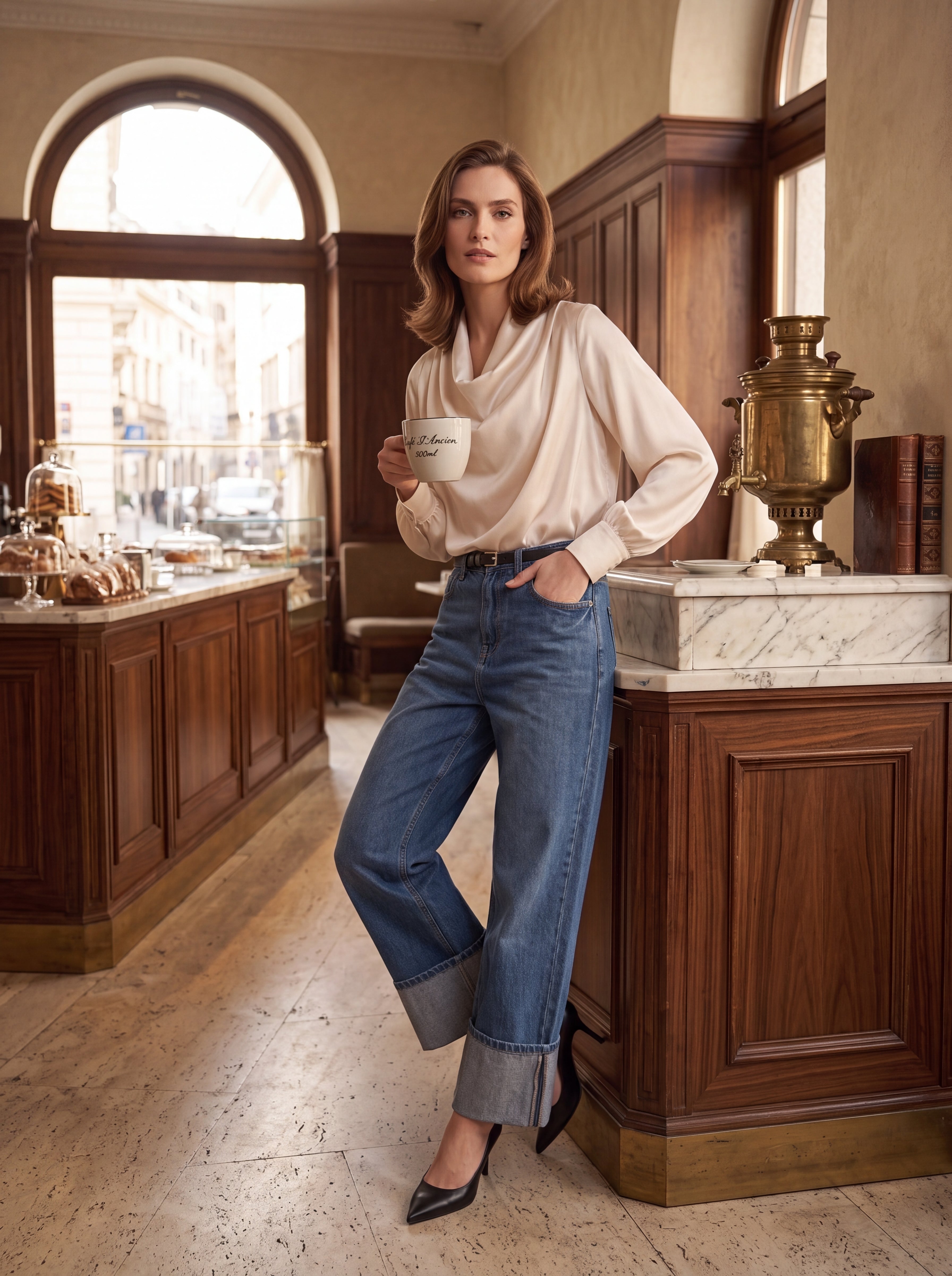 Women's Ivory Satin Cowl Neck Blouse | Premium European Long Sleeve Elegant Top