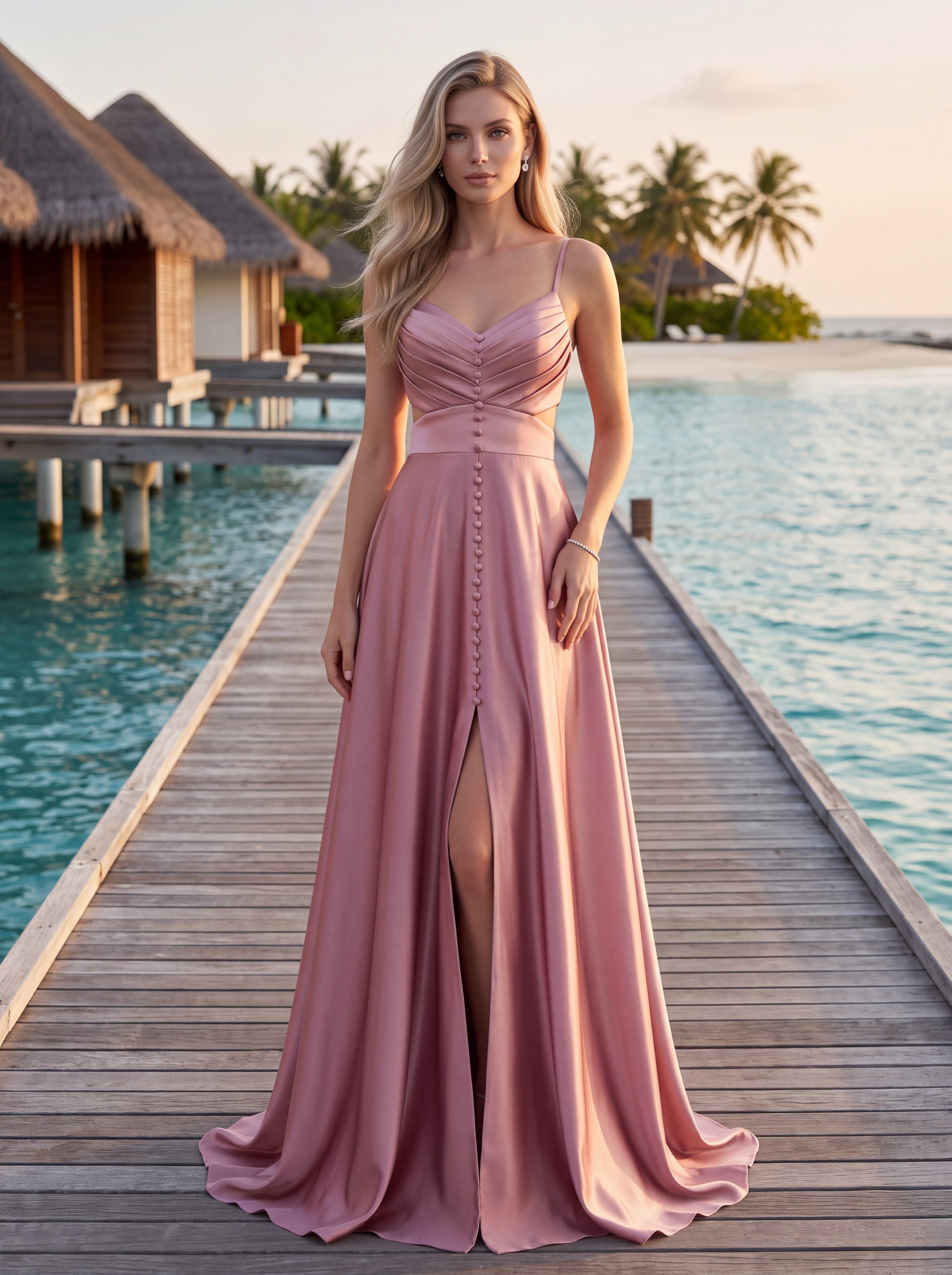 Dusty Rose Satin A-Line Evening Gown