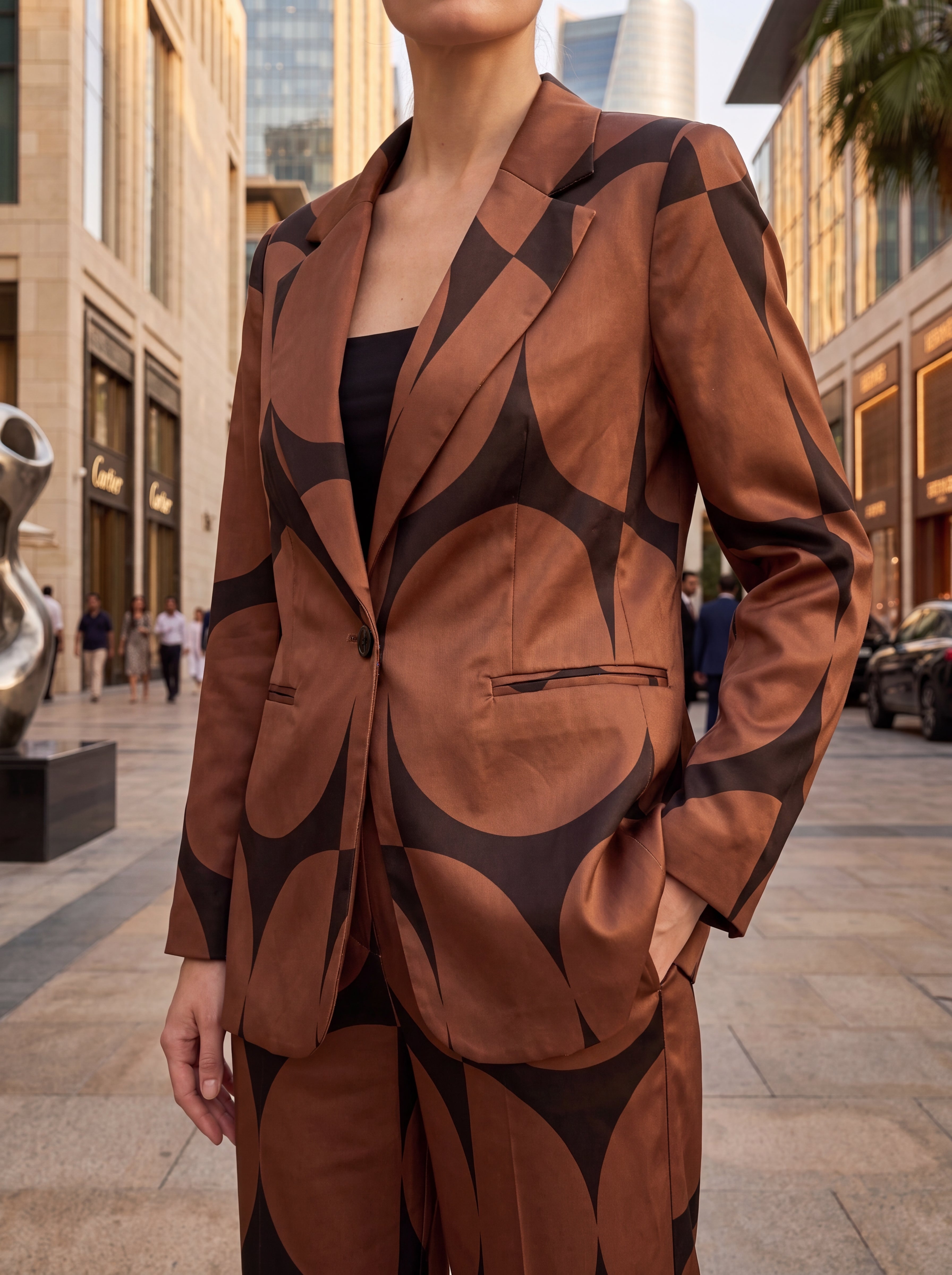 Women's Brown Geometric Print Tailored Blazer | Premium European Statement Blazer
