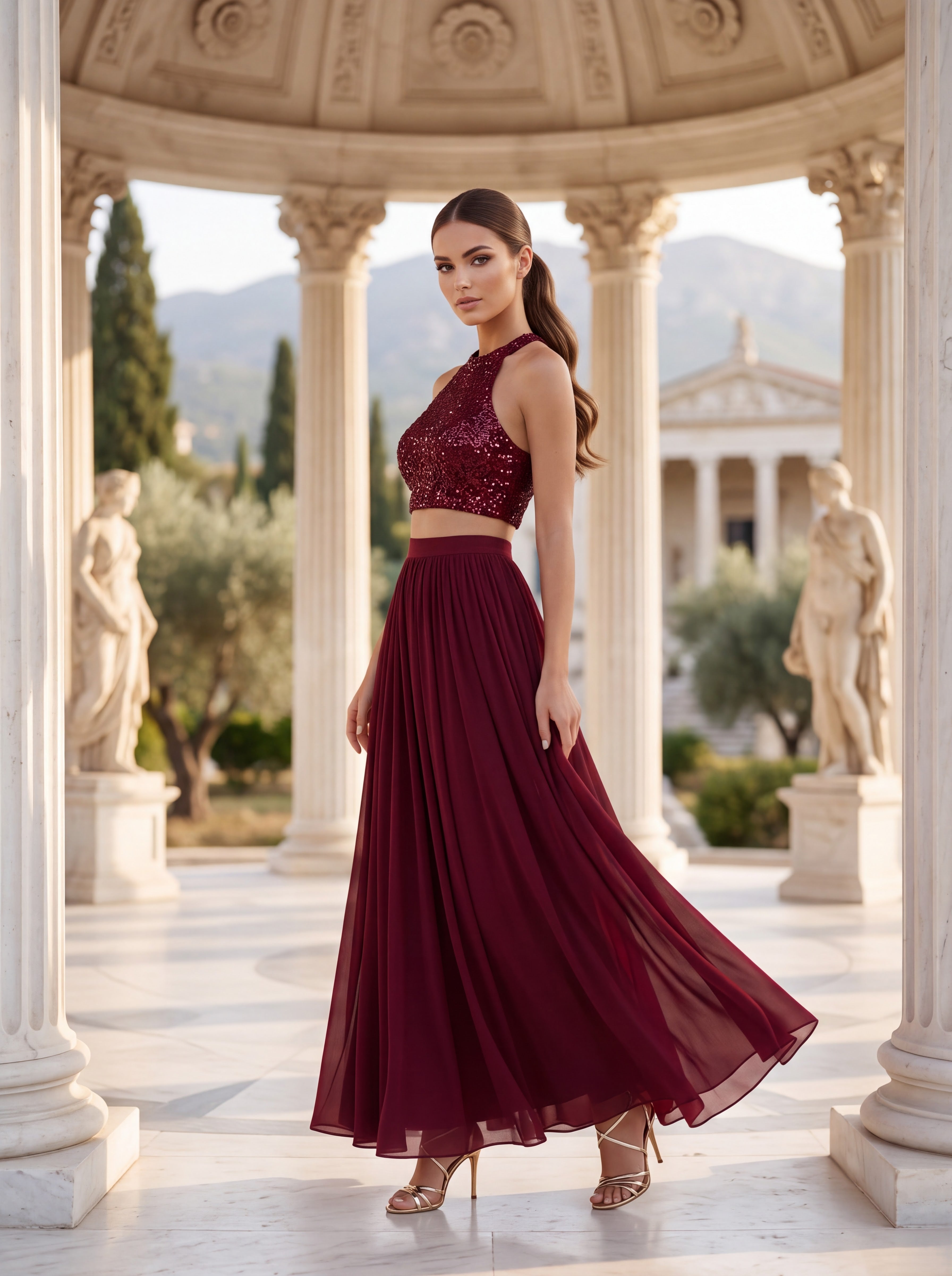 Burgundy Sequin Crop Top & Chiffon Maxi Skirt Set