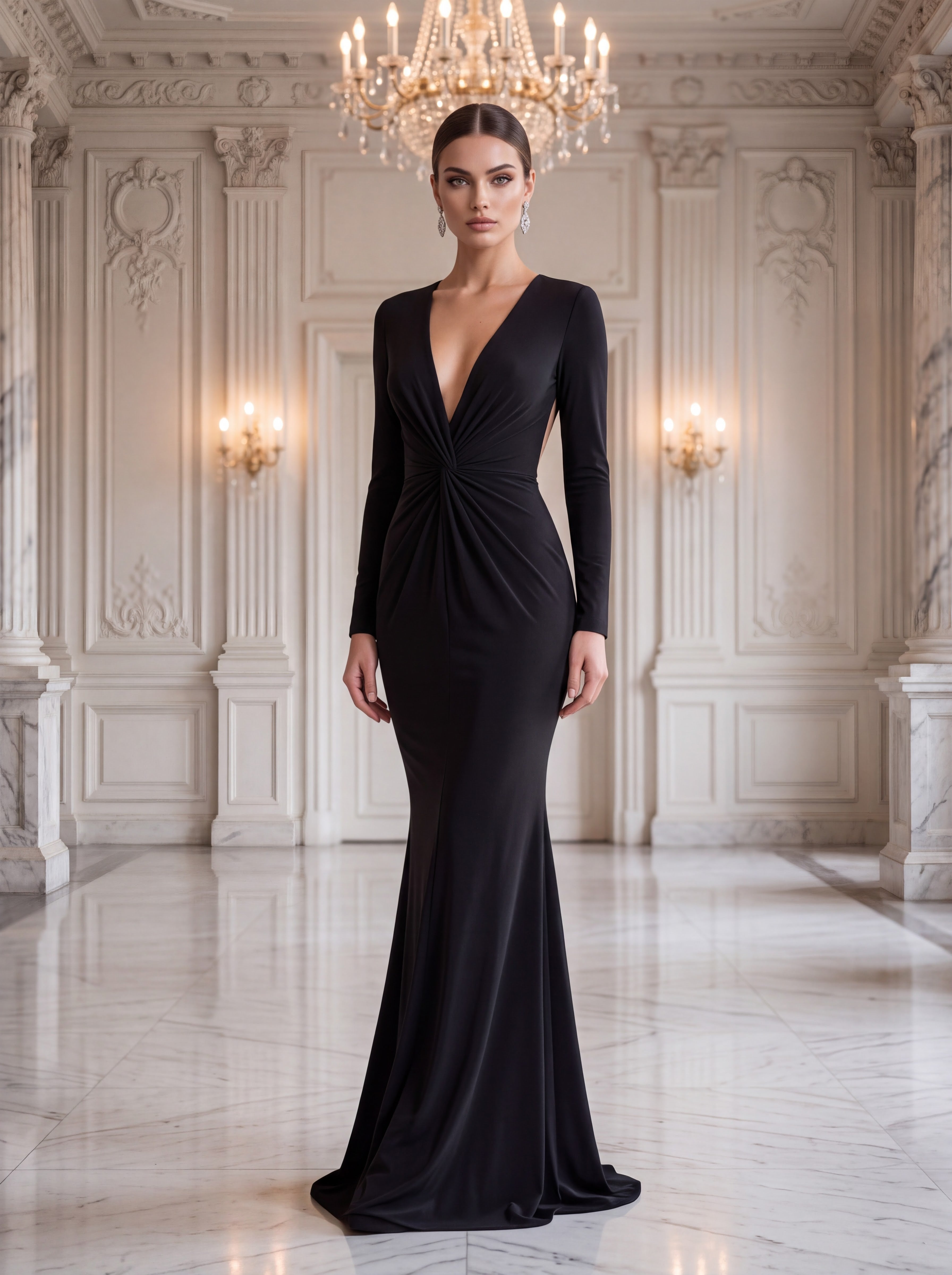 Black Open Back Long Sleeve Evening Gown