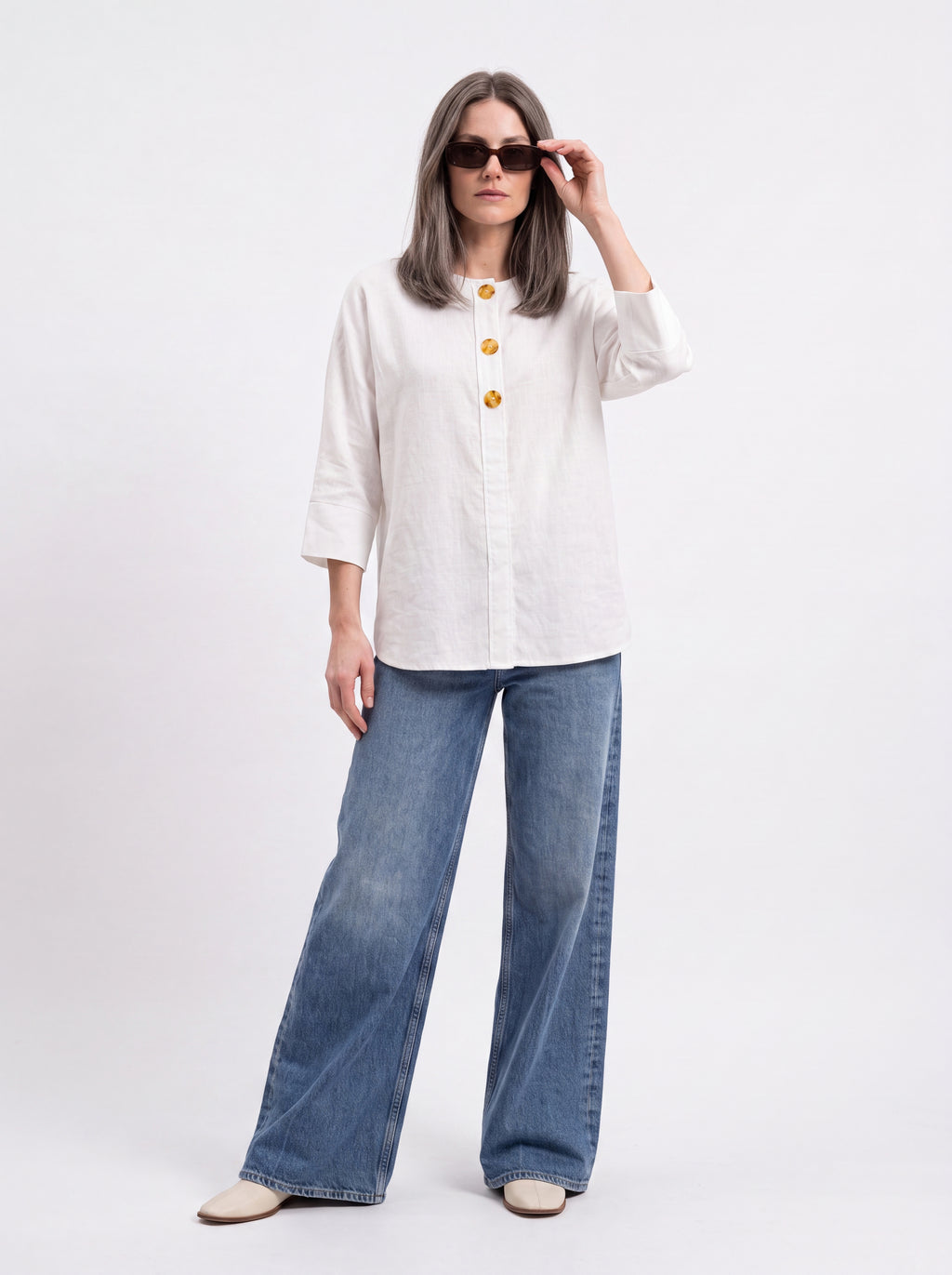 Women's White Linen Button Detail Top | Premium Relaxed Casual Blouse