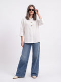 Women's White Linen Button Detail Top | Premium Relaxed Casual Blouse
