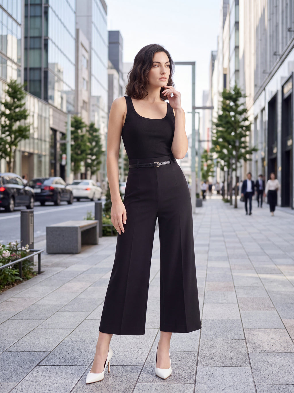Women's Black High-Waisted Cropped Wide Leg Tailored Pants – Premium European Formal Culottes