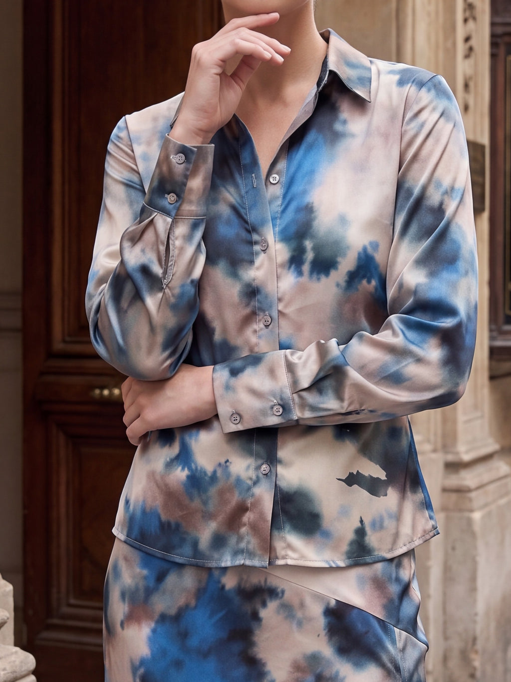 Women's Blue Abstract Pair Collection | Premium European Women's Printed Shirt & Midi Skirt Pair