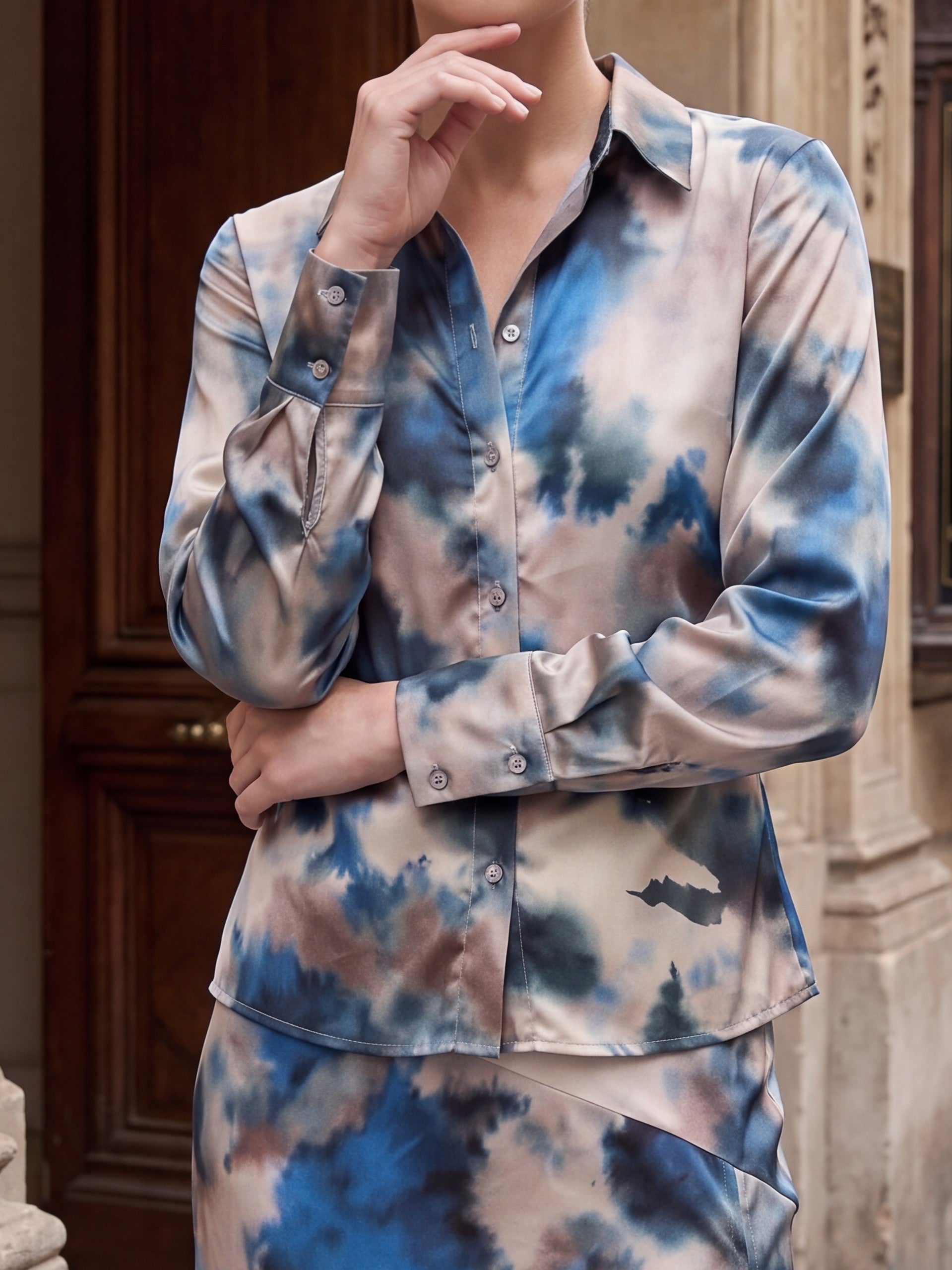 Women's Blue Abstract Pair Collection | Premium European Women's Printed Shirt & Midi Skirt Pair