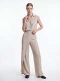 Women's Beige Sleeveless Collared V-Neck Blouse – Minimalist European Elegant Top