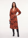 Women's Printed Satin Wrap Midi Dress with Waist Belt