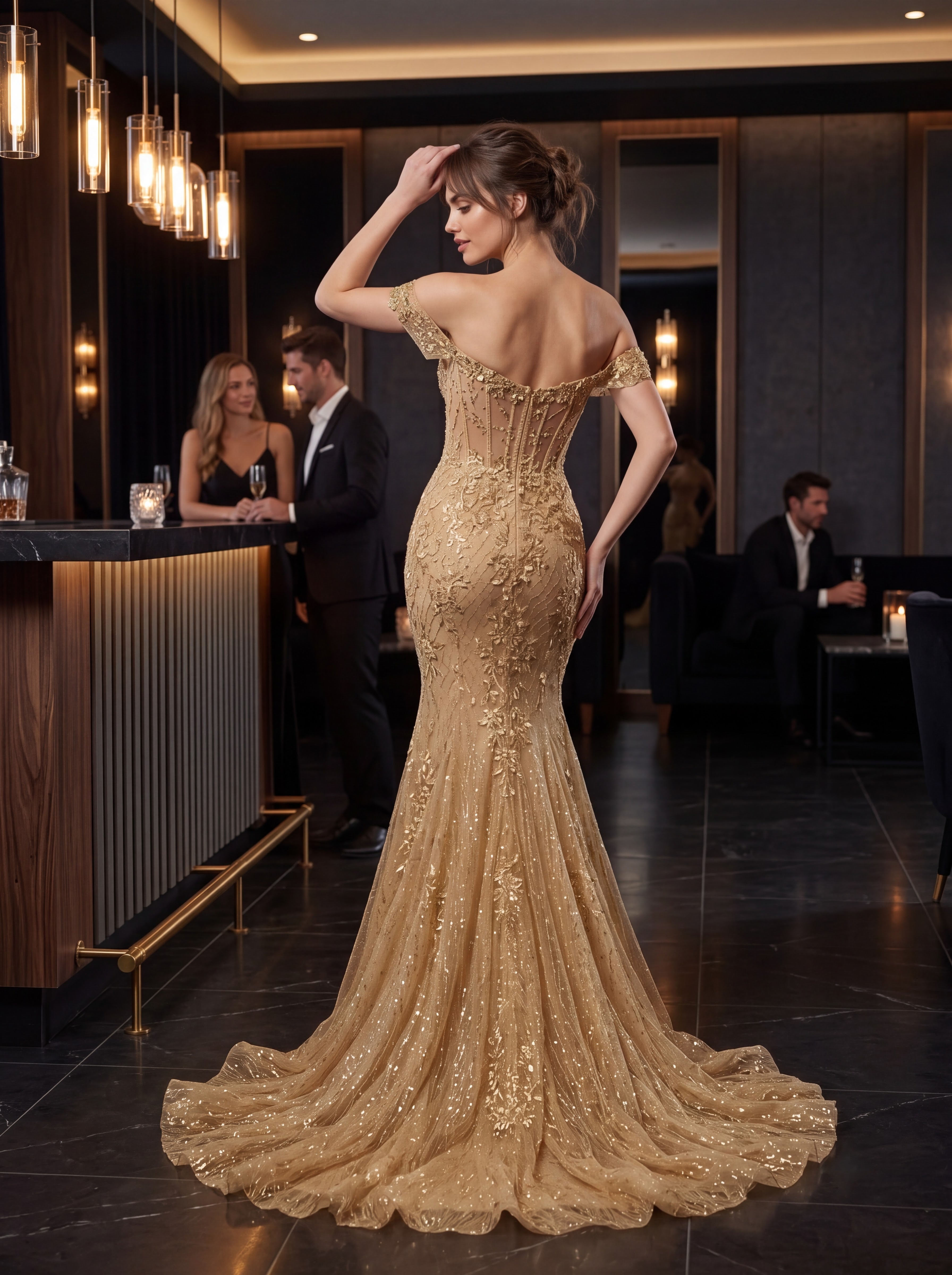 Champagne Gold Off-Shoulder Mermaid Evening Gown