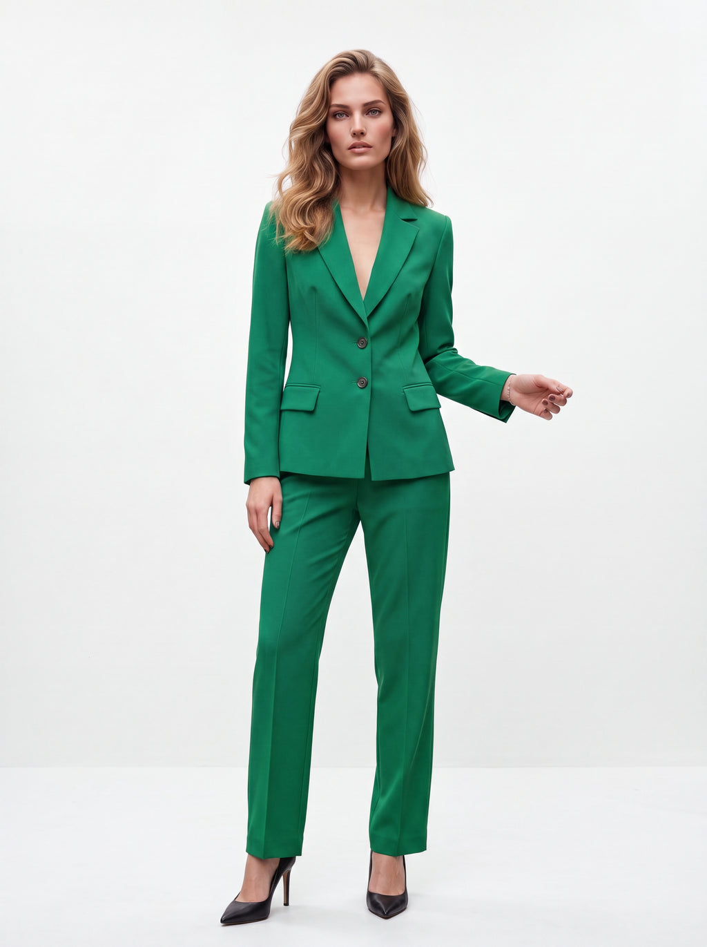Women's Emerald Green High-Waisted Slim-Fit Tailored Trousers – Premium European Formal Office Pants